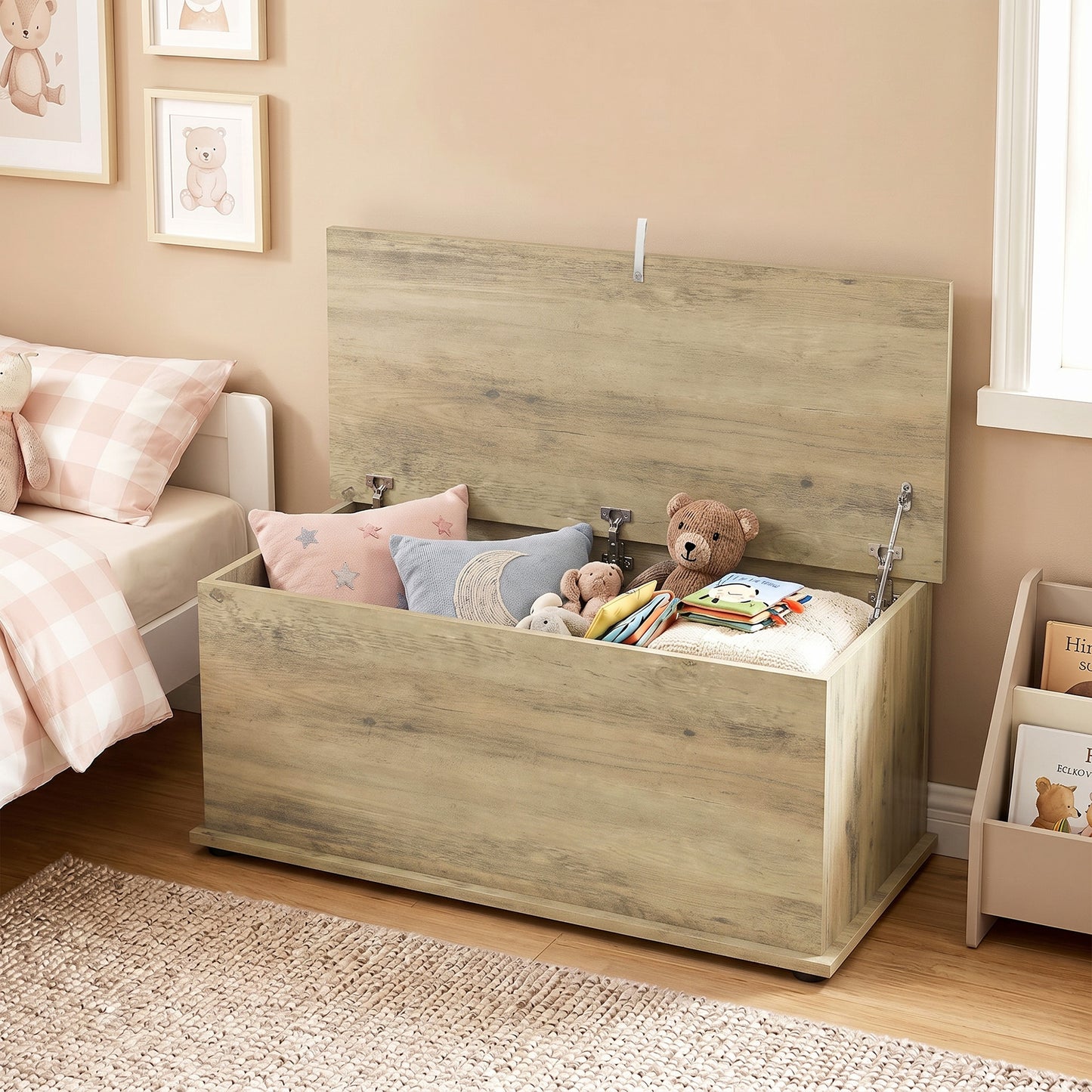Homcom 114L Grey Wooden Storage Bench With Safety Lid For Bedroom