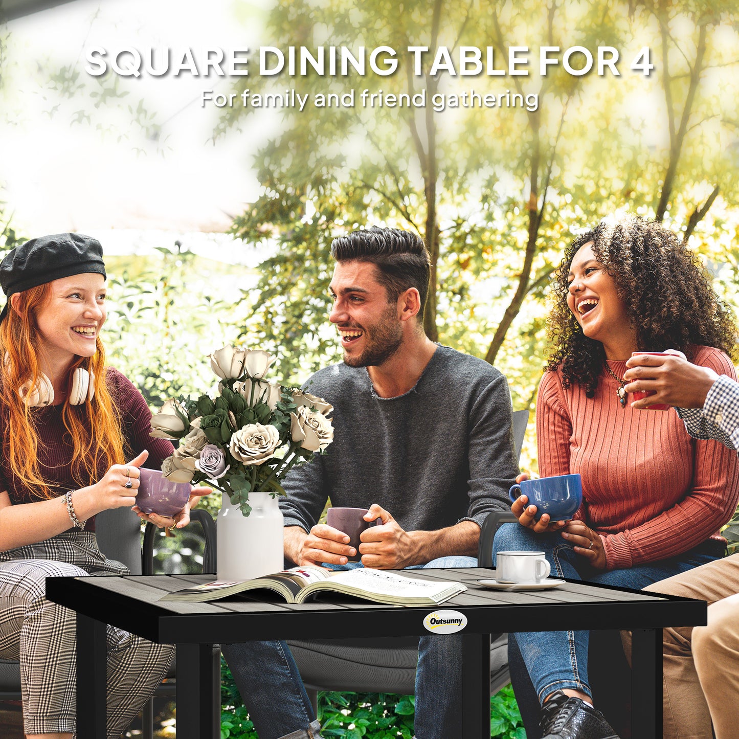 Outsunny Square Outdoor Garden Dining Table With Parasol Hole 54mm Slatted Top Metal Frame 86x86x71 Cm Light Grey