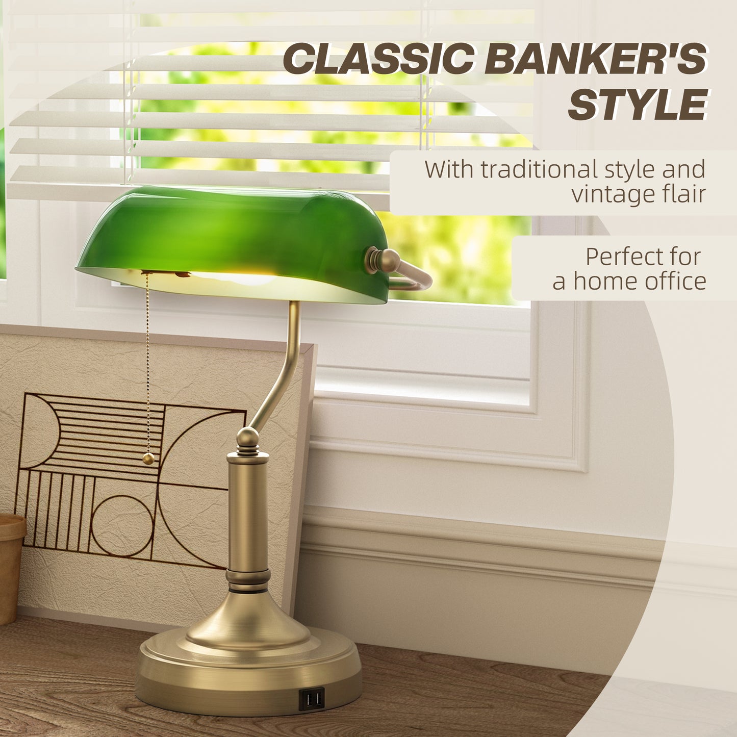 HOMCOM Bankers Style Desk Lamp With USB Ports And Pull Rope Switch, Vintage Bronze Tone Base, Green Glass Shade
