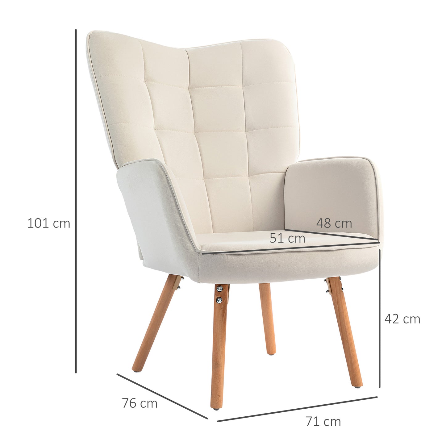 HOMCOM Modern Velvet Touch Wingback Armchairs Set of 2 Cream White Tufted Upholstered Club Chairs With Wood Legs
