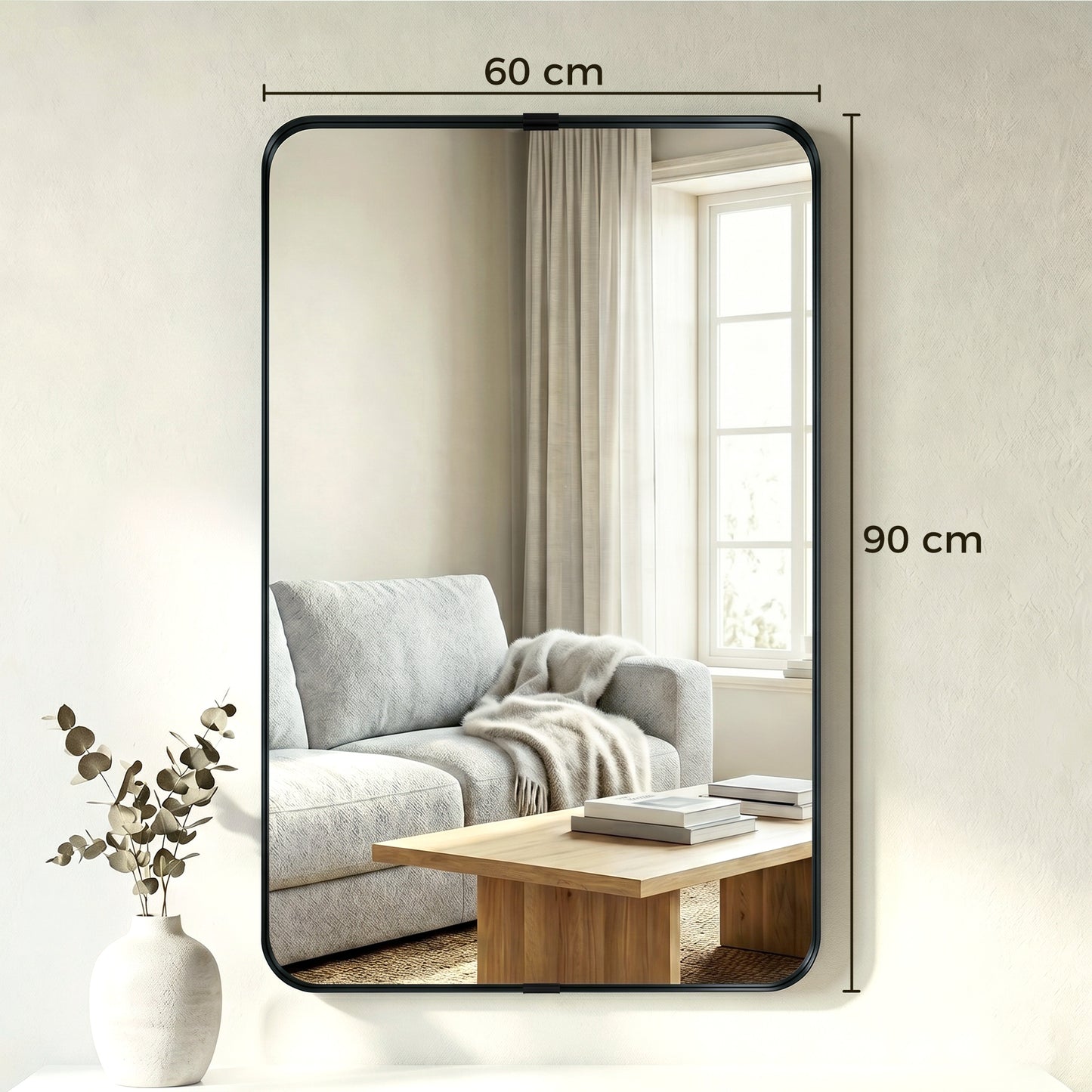 HOMCOM Runway Shaped Rectangular Wall Mirror 90 x 60 cm With Aluminium Alloy Frame And Tempered Glass In Black