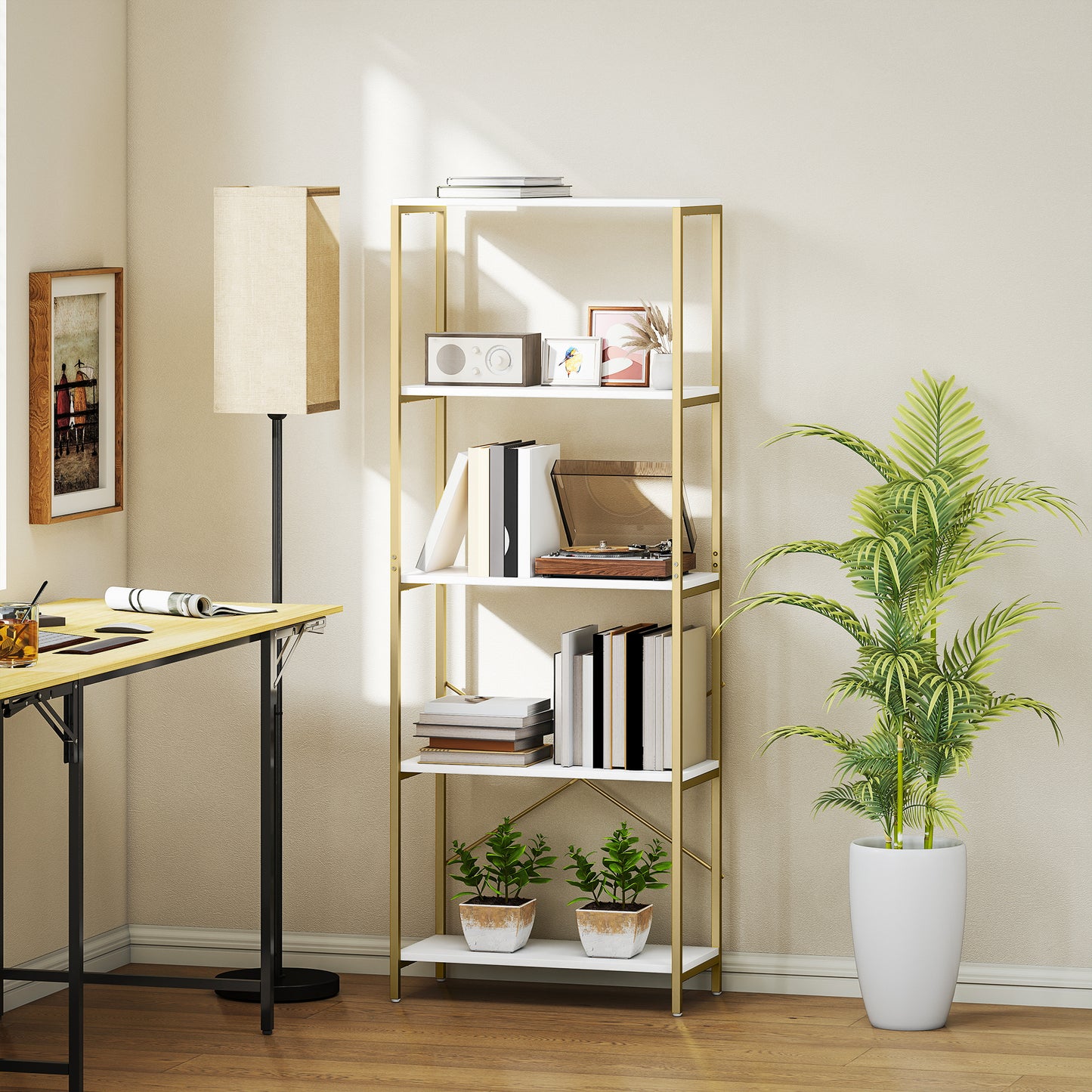 HOMCOM 5 Tier Bookshelf Modern Bookcase With Metal Frame White And Gold Tone Back X Bar Support