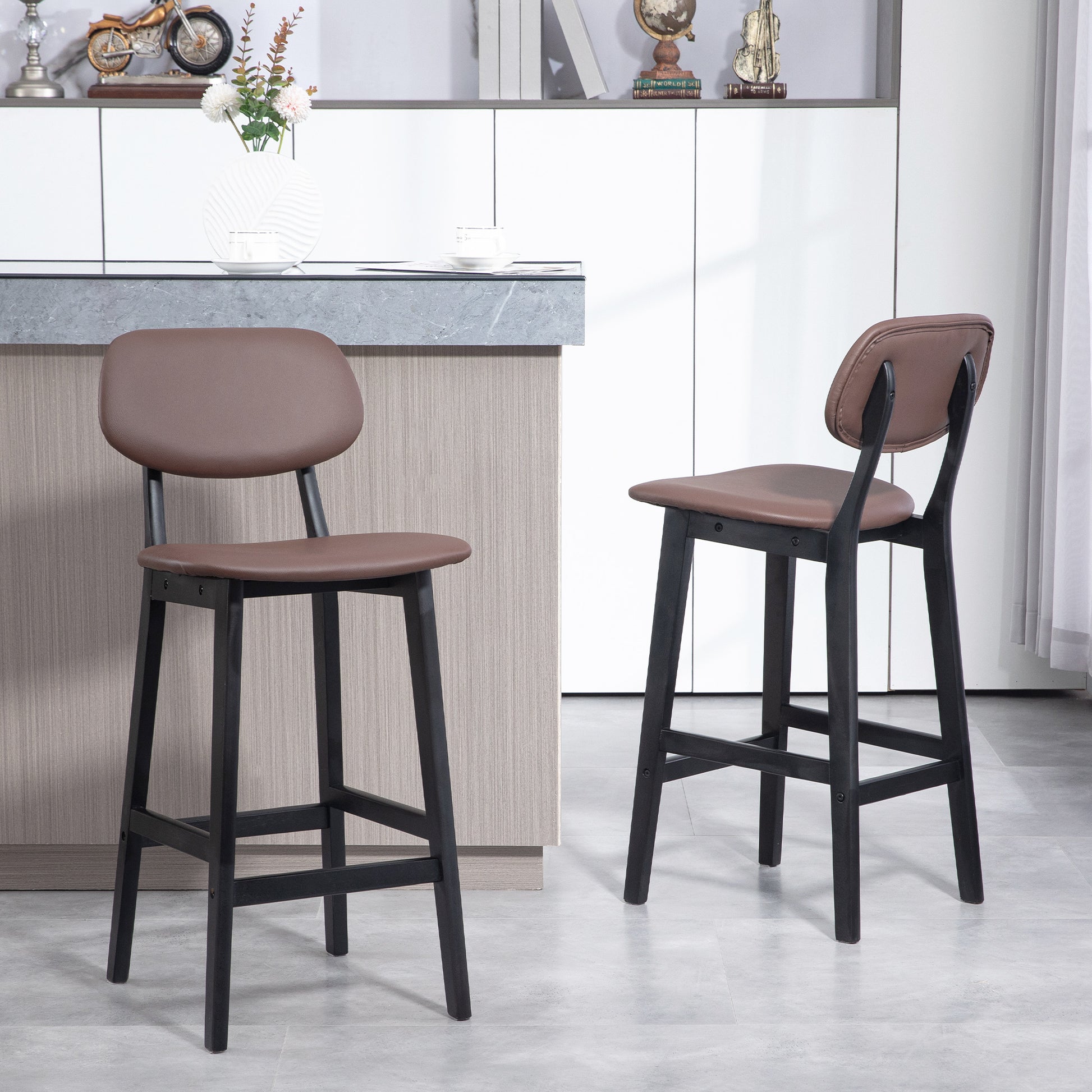 HOMCOM Set of 2 Modern Faux Leather Bar Stools with Wooden Legs and Back Support, Brown - ALL4U RETAILER LTD