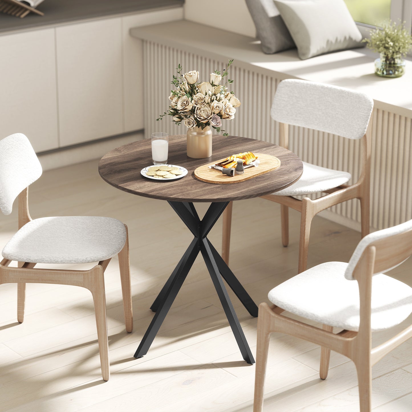 HOMCOM 80 Centimeter Industrial Round Dining Table Brown With X Shaped Legs Ideal For Family Meals