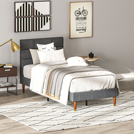 HOMCOM Grey Upholstered Single Bed Frame with Wooden Slats and Padded Headboard - ALL4U RETAILER LTD