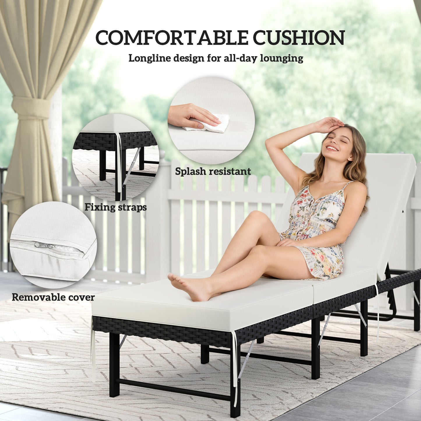 Outsunny Single Folding Rattan Sun Lounger With Cushion Black Outdoor Recliner Seat