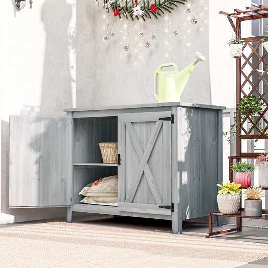 Outsunny Wooden Garden Shed With Shelf And Double Doors In Light Grey Outdoor Fir Wood Storage Shed