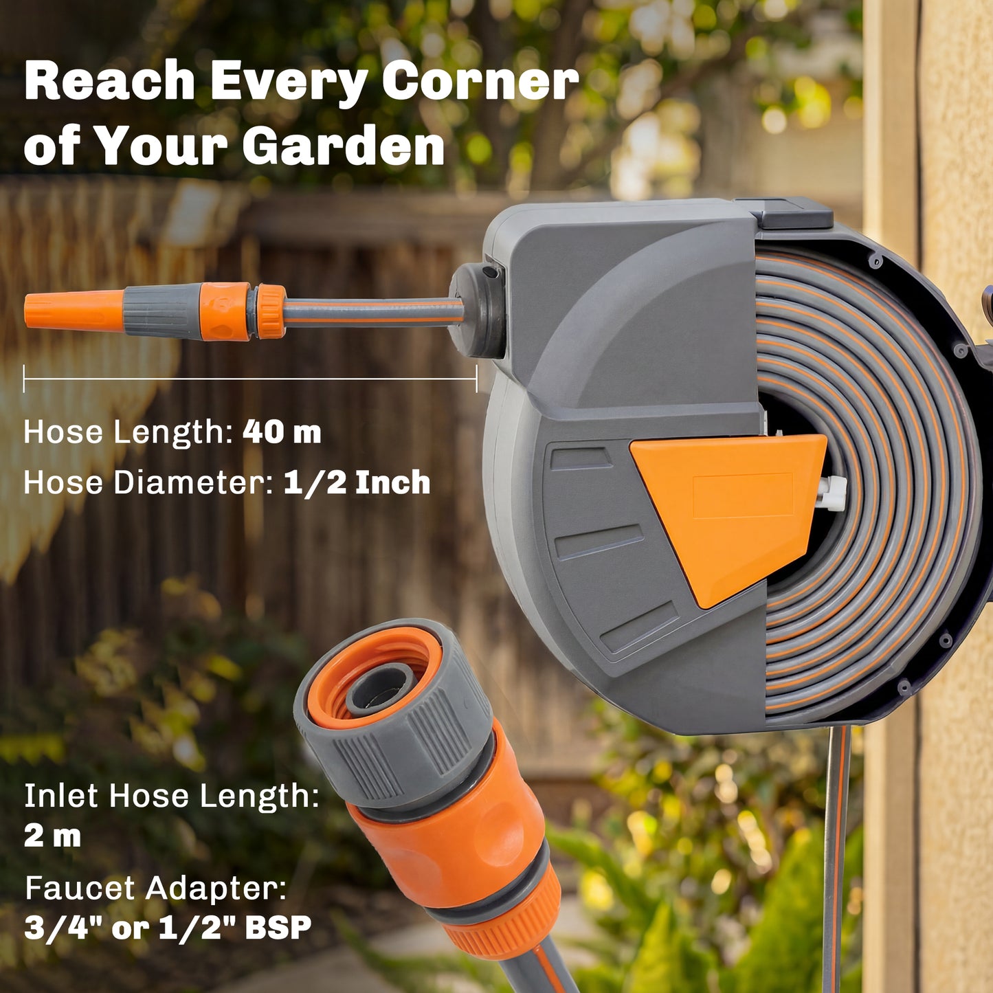 Outsunny Retractable Hose Reel Wall Mounted 40 Plus 2m Garden Hose Pipe Reel With Auto Retraction Self Locking Orange