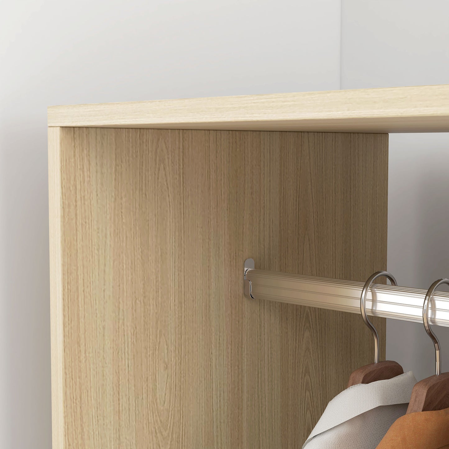 HOMCOM Open Wardrobe On Wheels With Hanging Rail And Two Storage Shelves In Natural Finish For Cloakroom Hallway