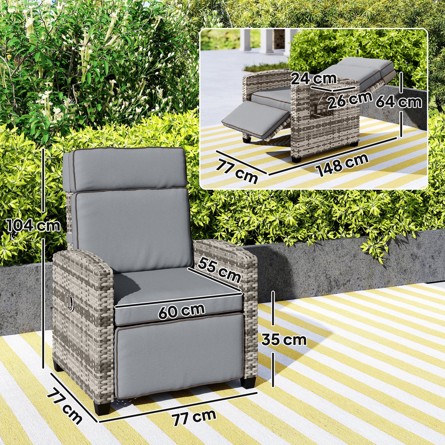 Outsunny 145 Degree Reclining Rattan Armchair With Footrest In Mixed Grey Outdoor