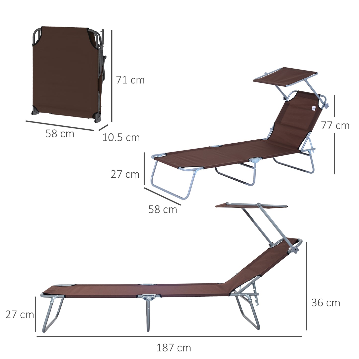 Outsunny Adjustable Outdoor Lounge Chairs with Canopy: Portable Recliners for Patio and Beach, Set of Two in Umber - ALL4U RETAILER LTD