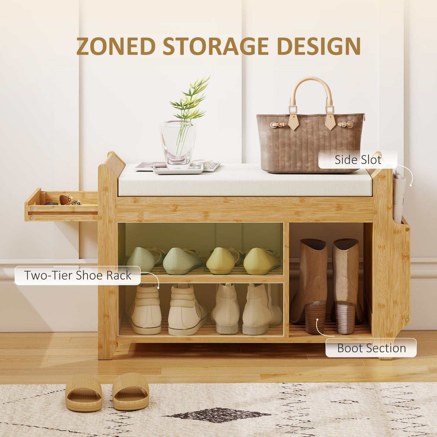 HOMCOM 2 Tier Shoe Bench With Cushioned Seat For Entryway Storage Natural And Cream 100 x 30 x 50 cm
