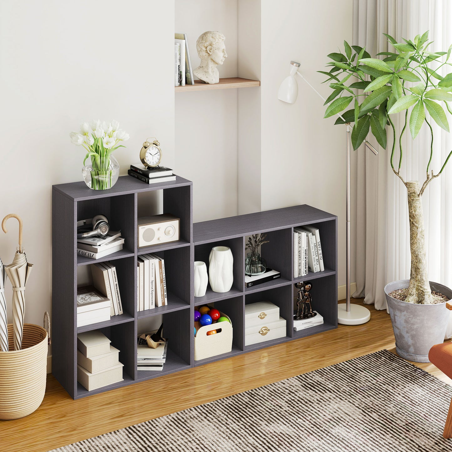 HOMCOM 6 Cube Bookshelf Grey Modern Storage Shelf For Home Office Organization Lightweight Particle Board