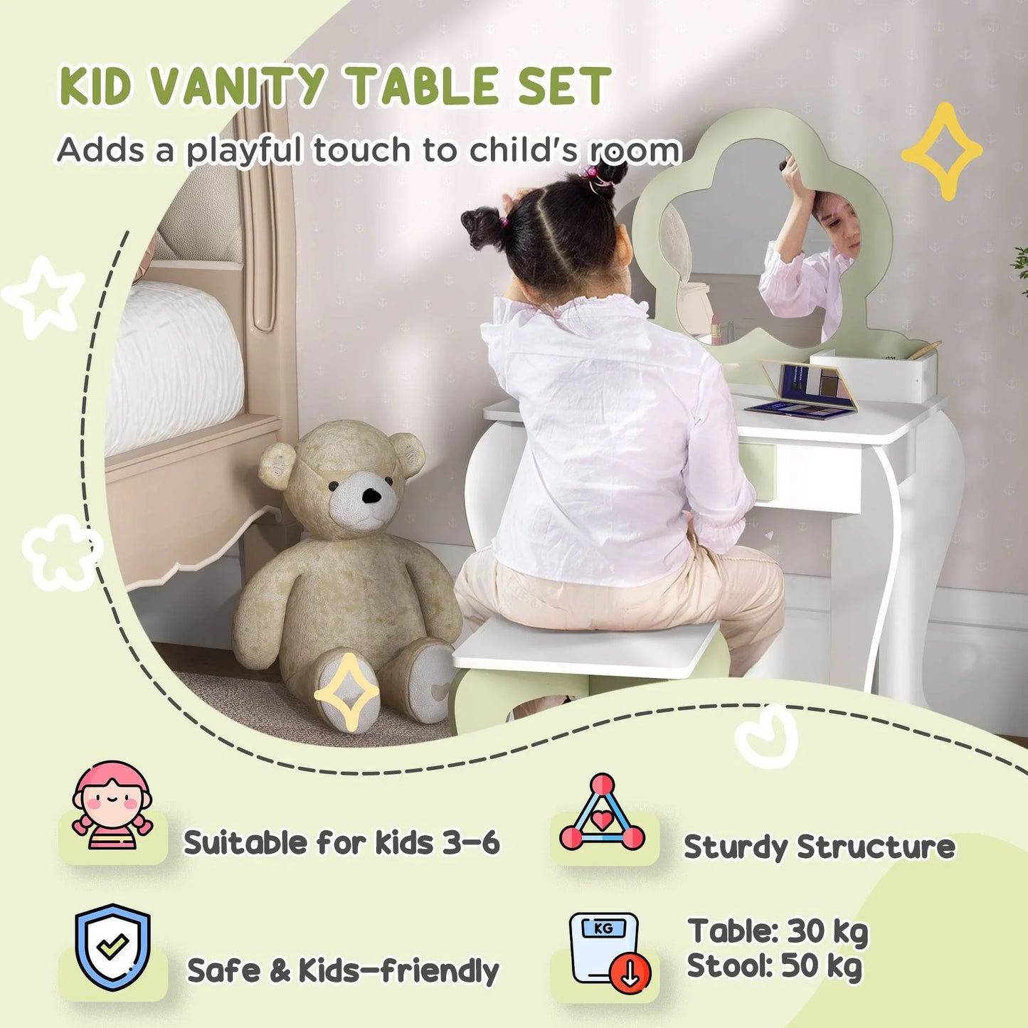 ZONEKIZ Kids 5-Piece Furniture Set with Flower Design for Ages 3-6, Colorful & Durable - ALL4U RETAILER LTD