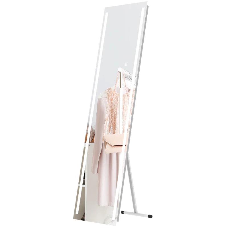 HOMCOM Standing Dressing Mirror with LED Lights, Wall-Mounted Vanity Mirror for Bedroom with Dimmable and 3 Color Lighting Options - White - ALL4U RETAILER LTD