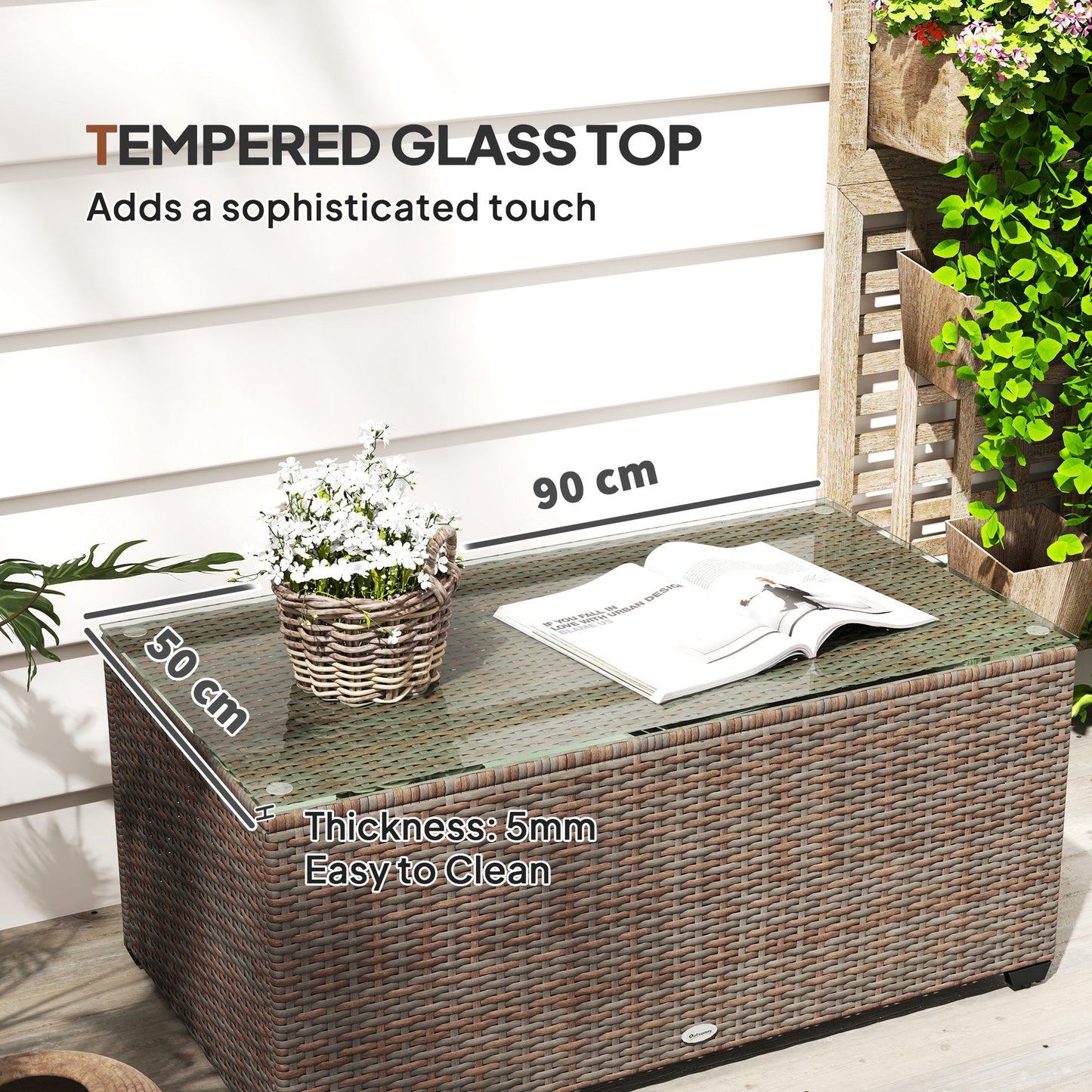 Outsunny 90 By 50 Cm Tempered Glass Top Rattan Side Table Brown Garden Outdoor Patio Furniture