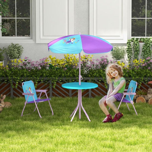 Outsunny Kids Picnic Table and Chair Set - Fairy Themed Outdoor Garden Furniture with Foldable Chairs and Adjustable Parasol - ALL4U RETAILER LTD