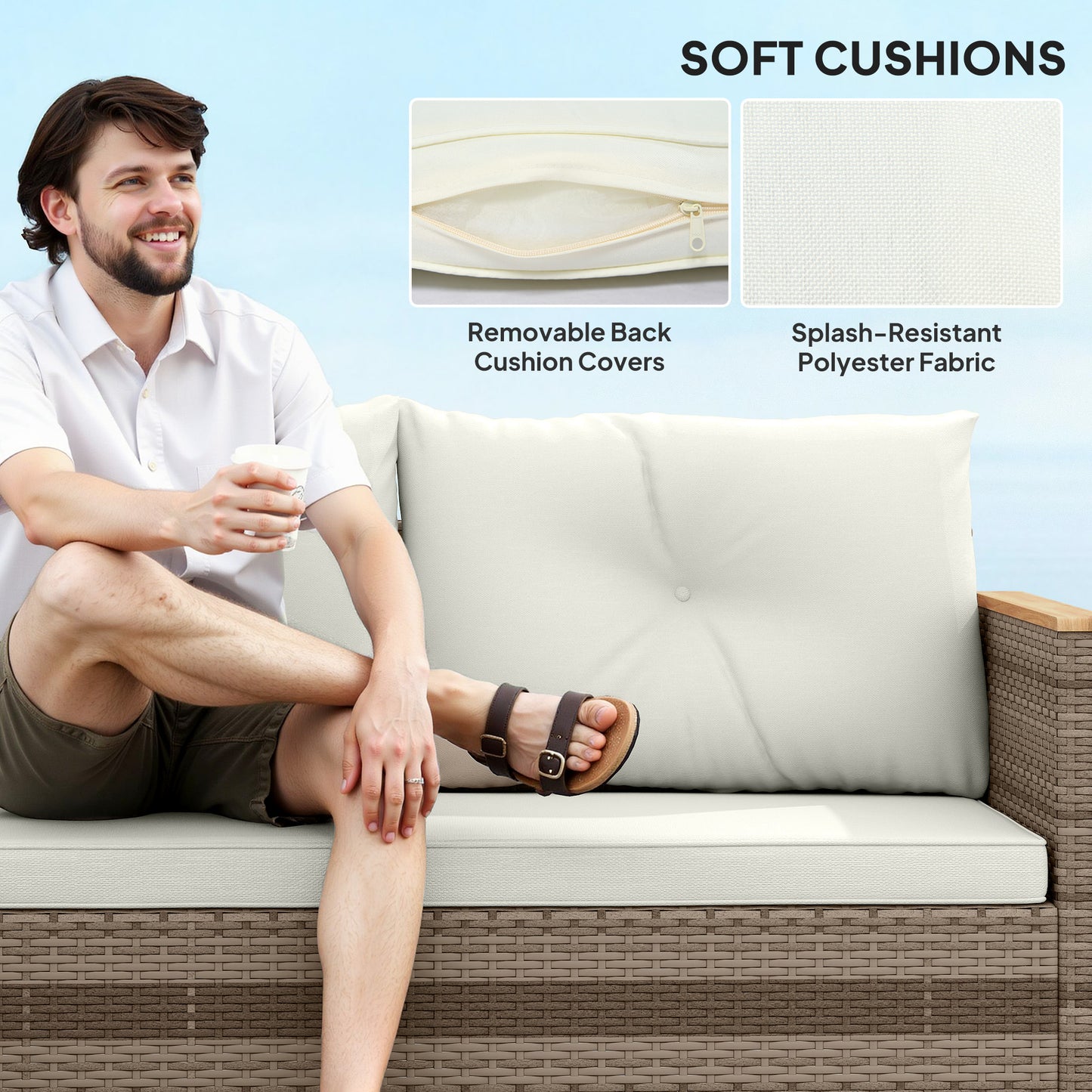Outsunny 3 Piece Rattan Garden Furniture Set L Conversation Chaise Lounge With Wood Top Coffee Table And Cream Cushions