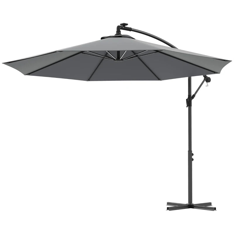 Outsunny 3m Grey Cantilever Parasol with Solar LED Lights - Garden Umbrella with Cross Base, Crank Handle, and Hanging Offset Banana Sun Shade for Patio and Outdoor Use - ALL4U RETAILER LTD