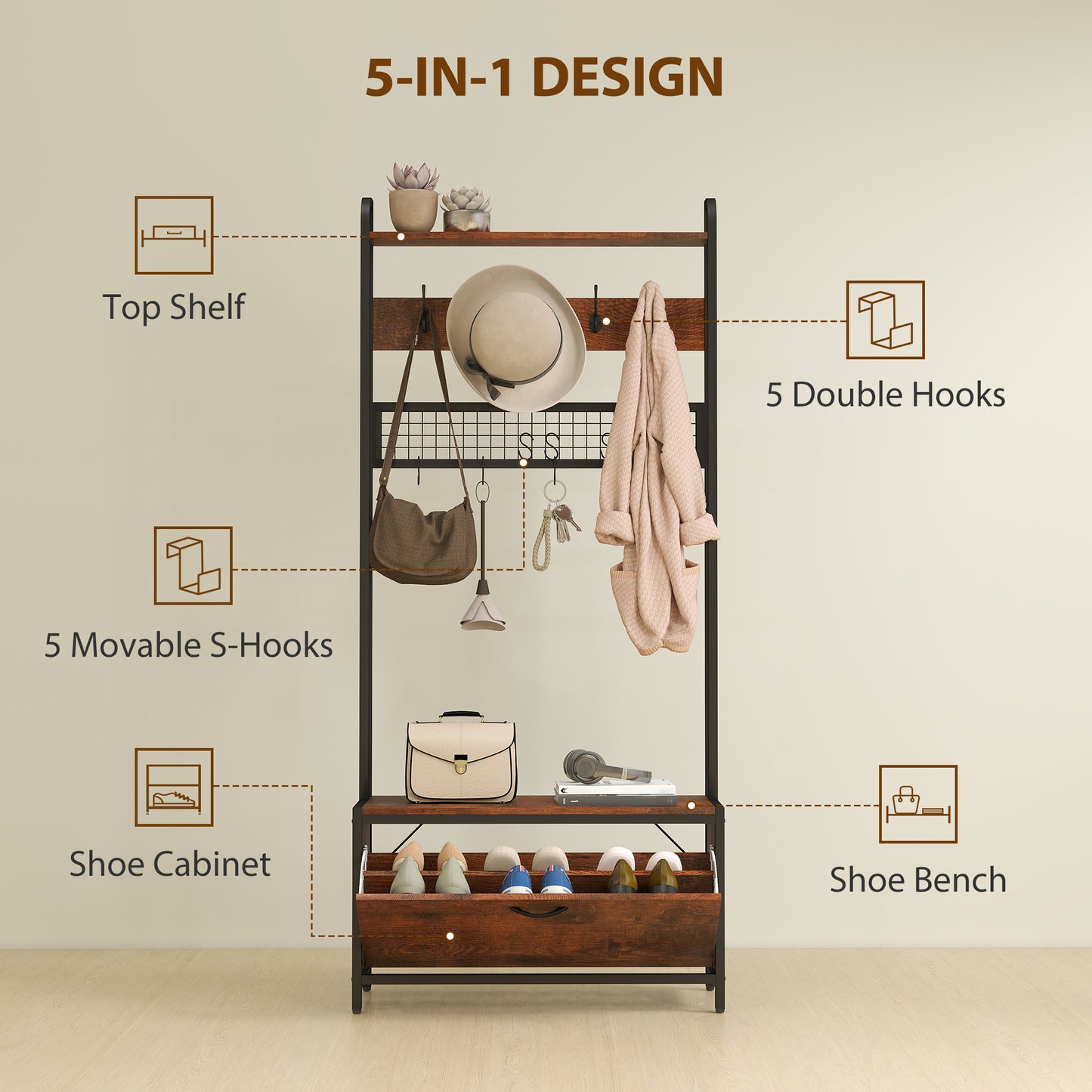 HOMCOM 5-In-1 Industrial Style Hallway Tree With Bench Seat And Shoe Storage In Brown And Black