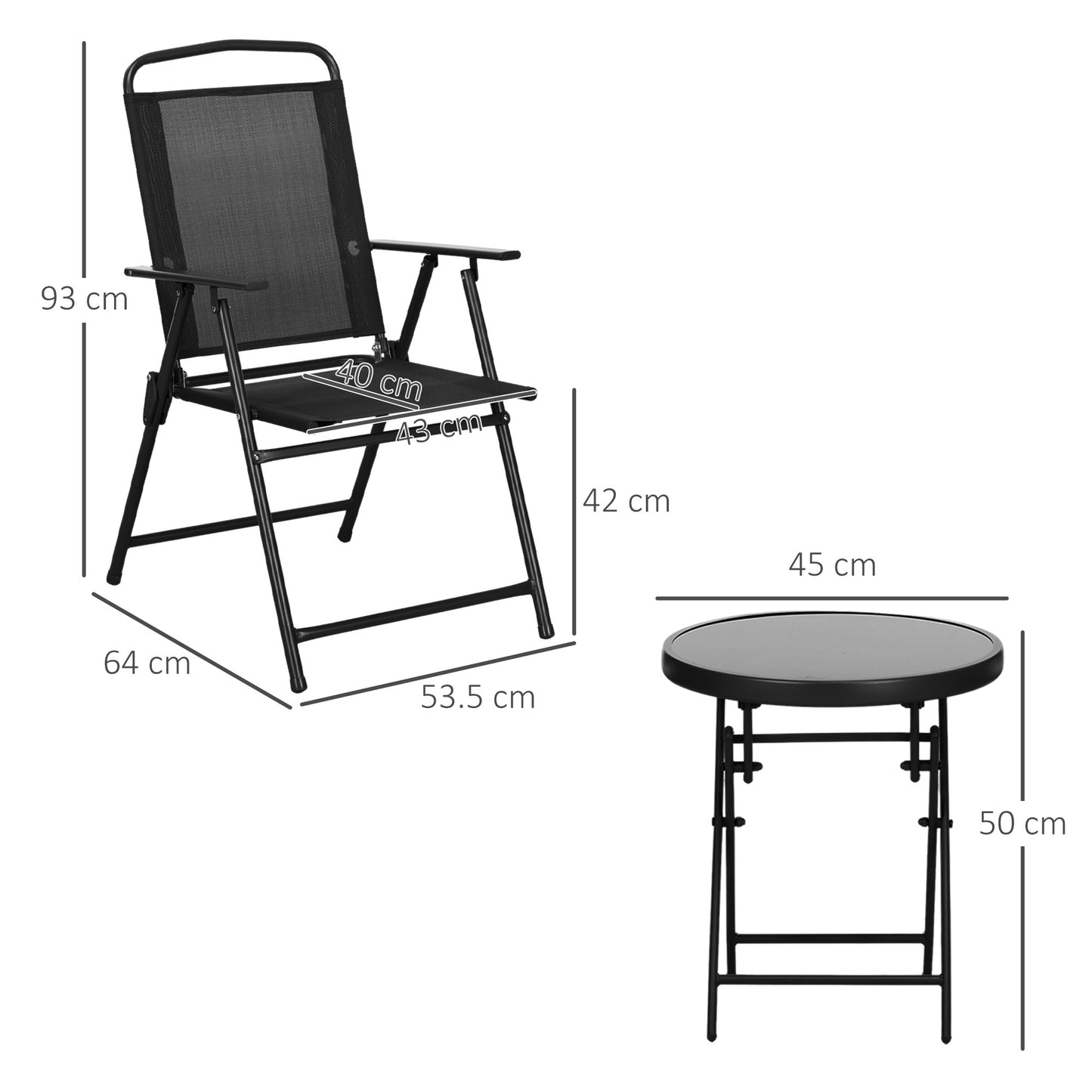 Outsunny Three Piece Foldable Garden Seat Set With Glass Top Table And Chairs Black Powder Coated Metal