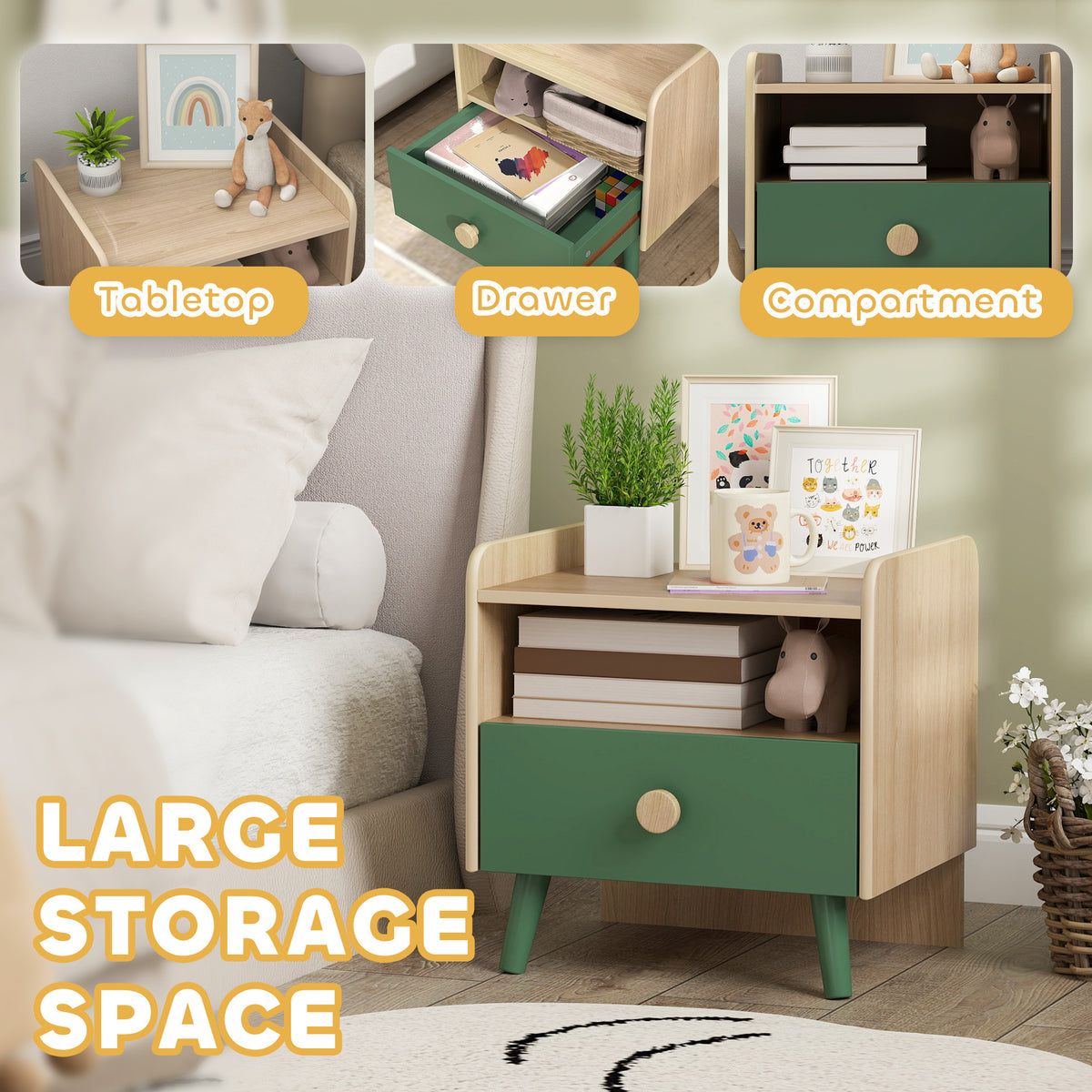 AIYAPLAY Kids Wooden Bedside Table With Drawer And Open Storage Shelf Green