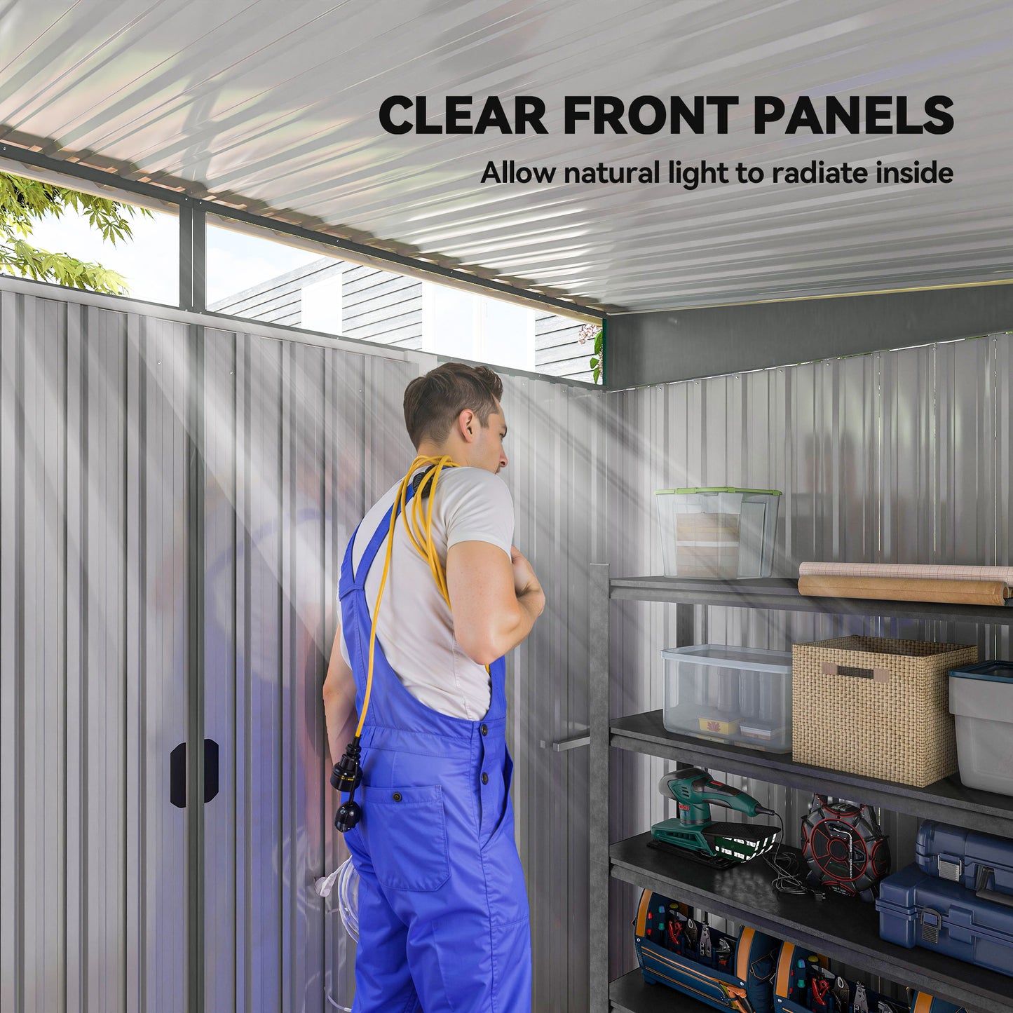 Outsunny 9ft x 6.5ft Garden Storage Shed With Top Window Metal Outdoor Tool House Double Doors Light Grey