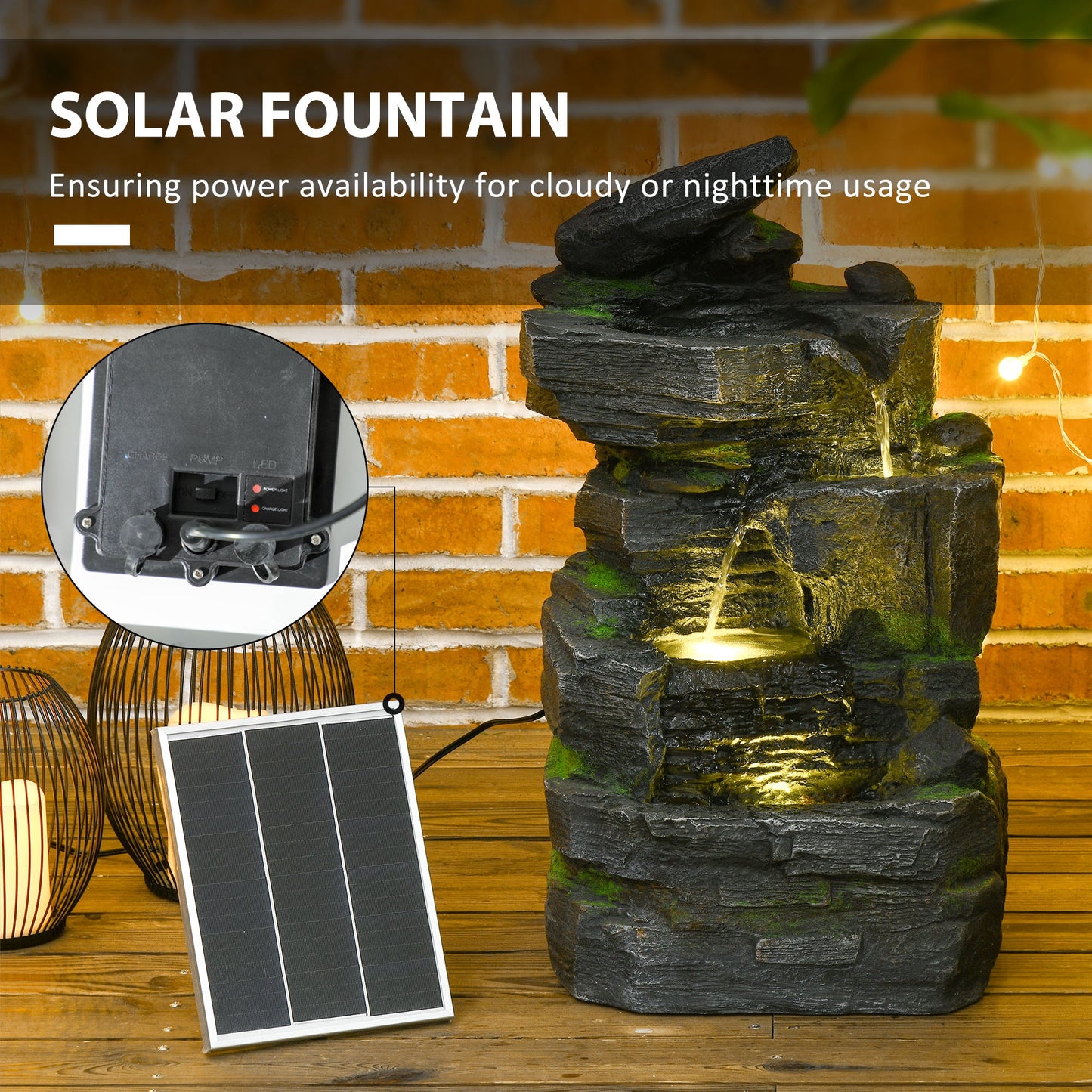 Outsunny Garden Water Feature With LED Lights Solar Powered Four Tier Waterfall Dark Grey Stone Moss Accent