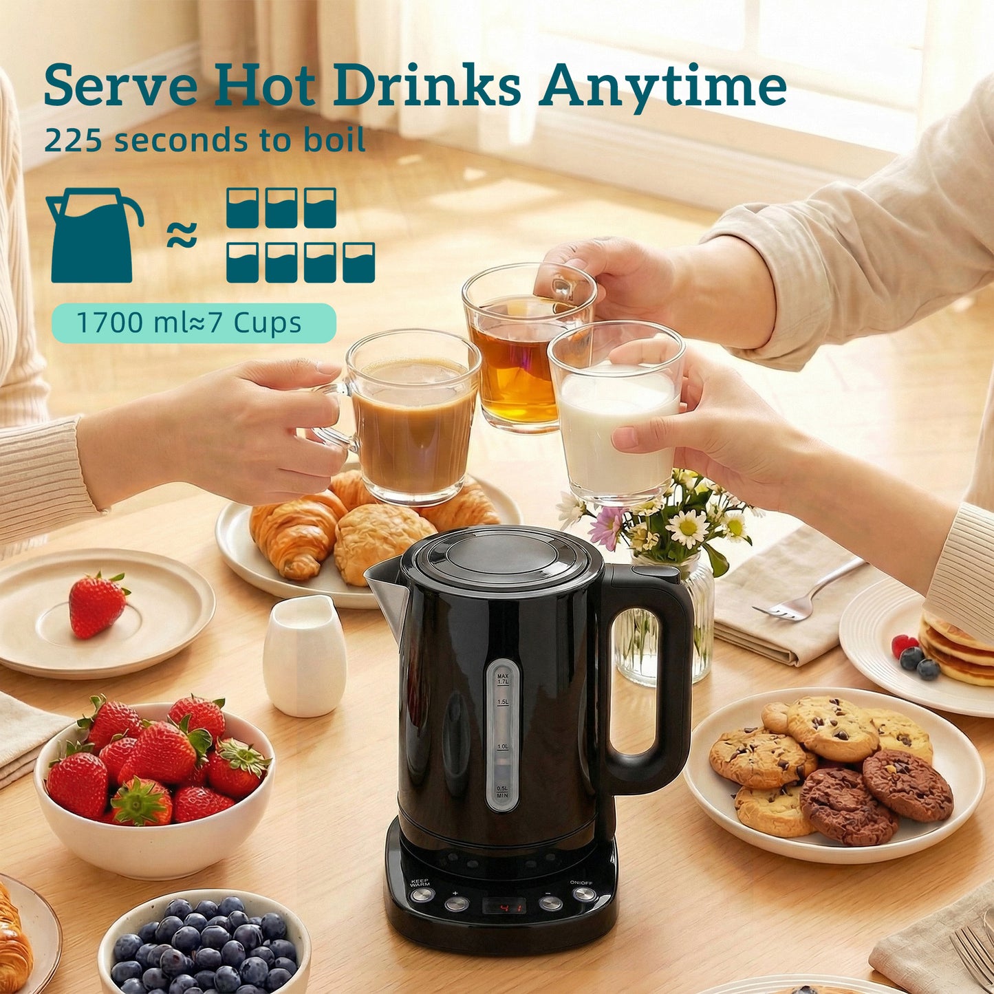 HOMCOM 1.7L Electric Kettle 3kW Fast Boil UK Strix Thermostat Keep Warm LCD Base Black