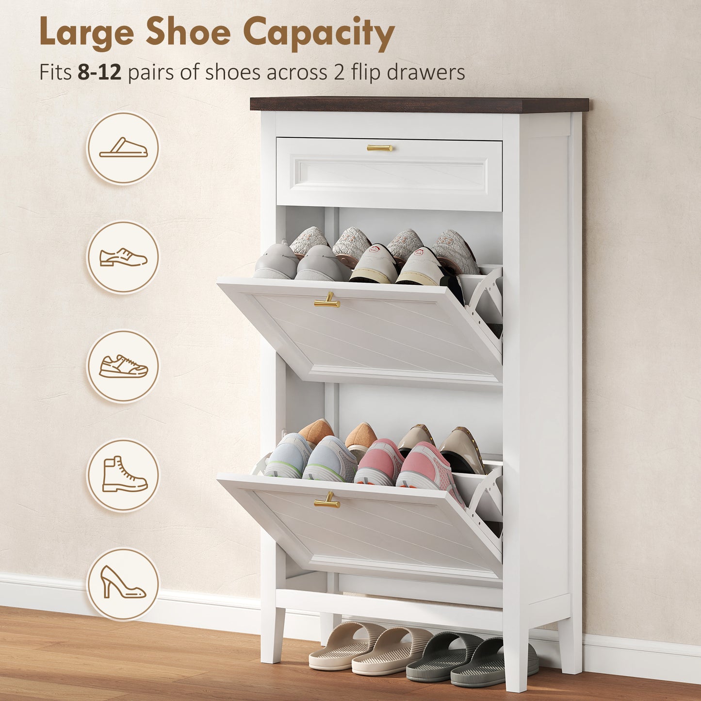 HOMCOM Farmhouse Narrow Shoe Storage Cabinet With 2 Flip Drawers And Adjustable Shelves White