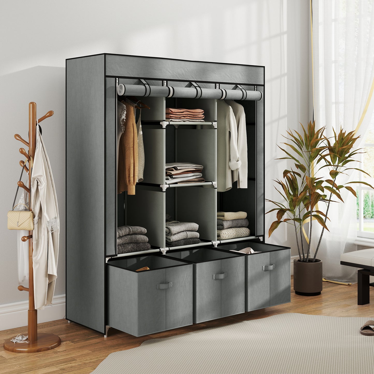 HOMCOM Foldable Fabric Wardrobe For Bedroom Portable Wardrobe 5 Shelves 2 Hanging Rails 3 Fabric Drawers Light Grey