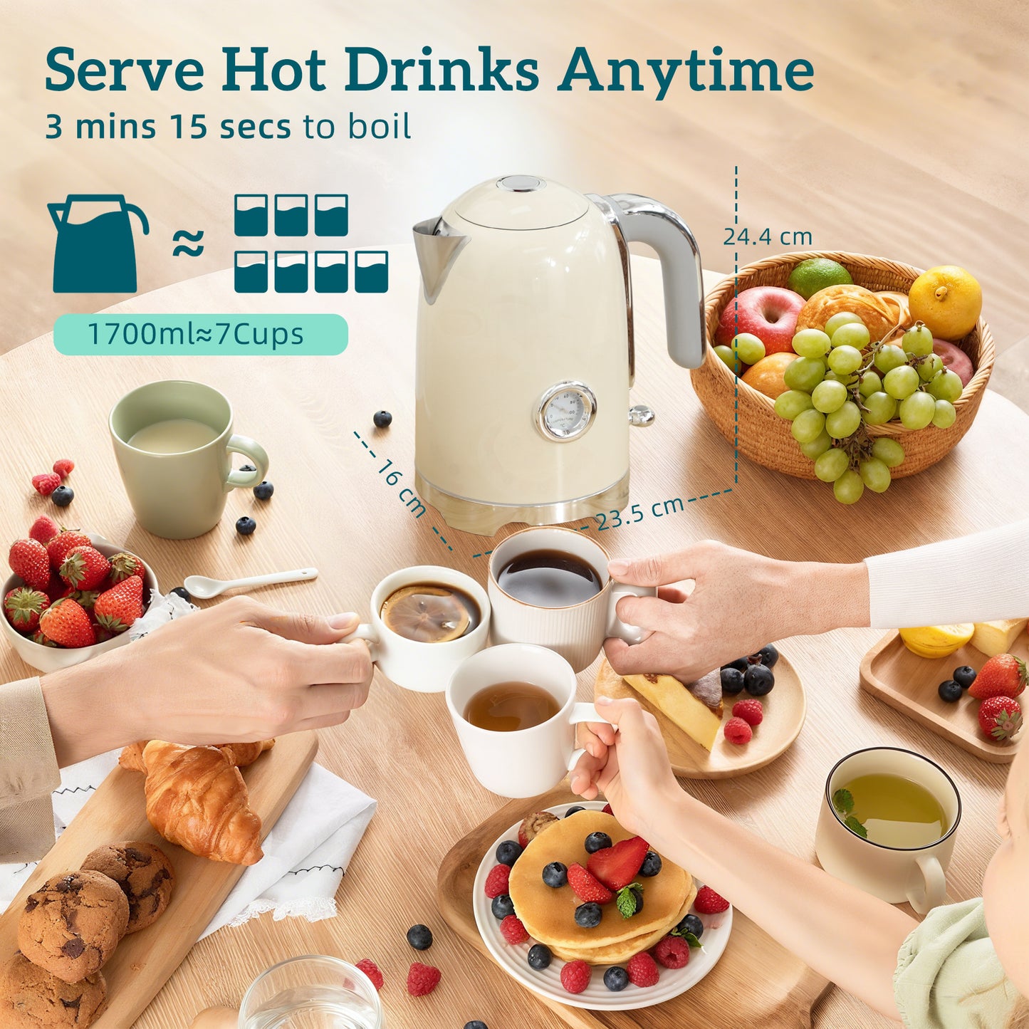 HOMCOM Retro Toaster and Kettle Set Cream With Silver Tone Accents and Curved 1.7L Kettle