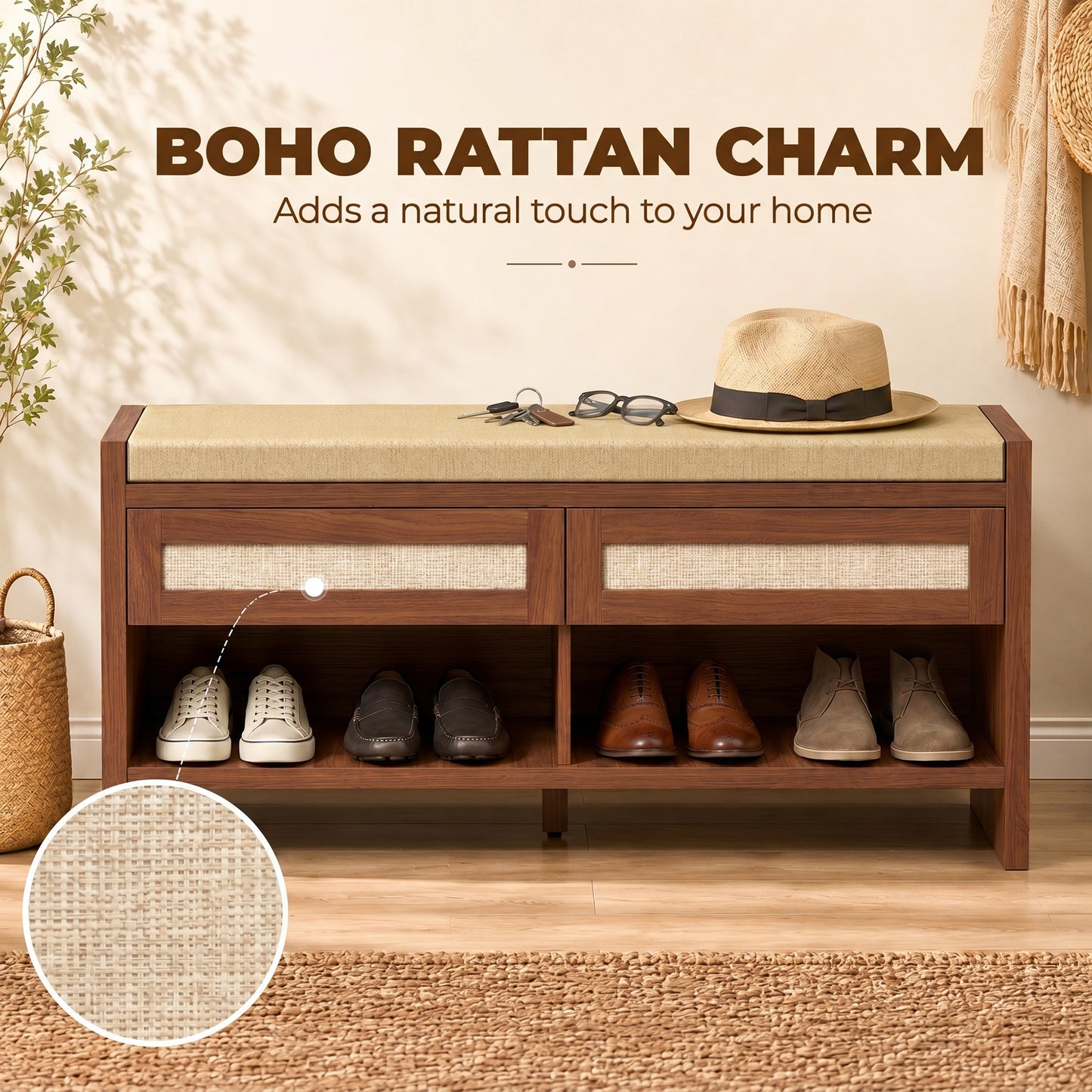 HOMCOM Boho Shoe Storage Bench With Cushioned Seat Open Shelf And Two Rattan Drawers Brown