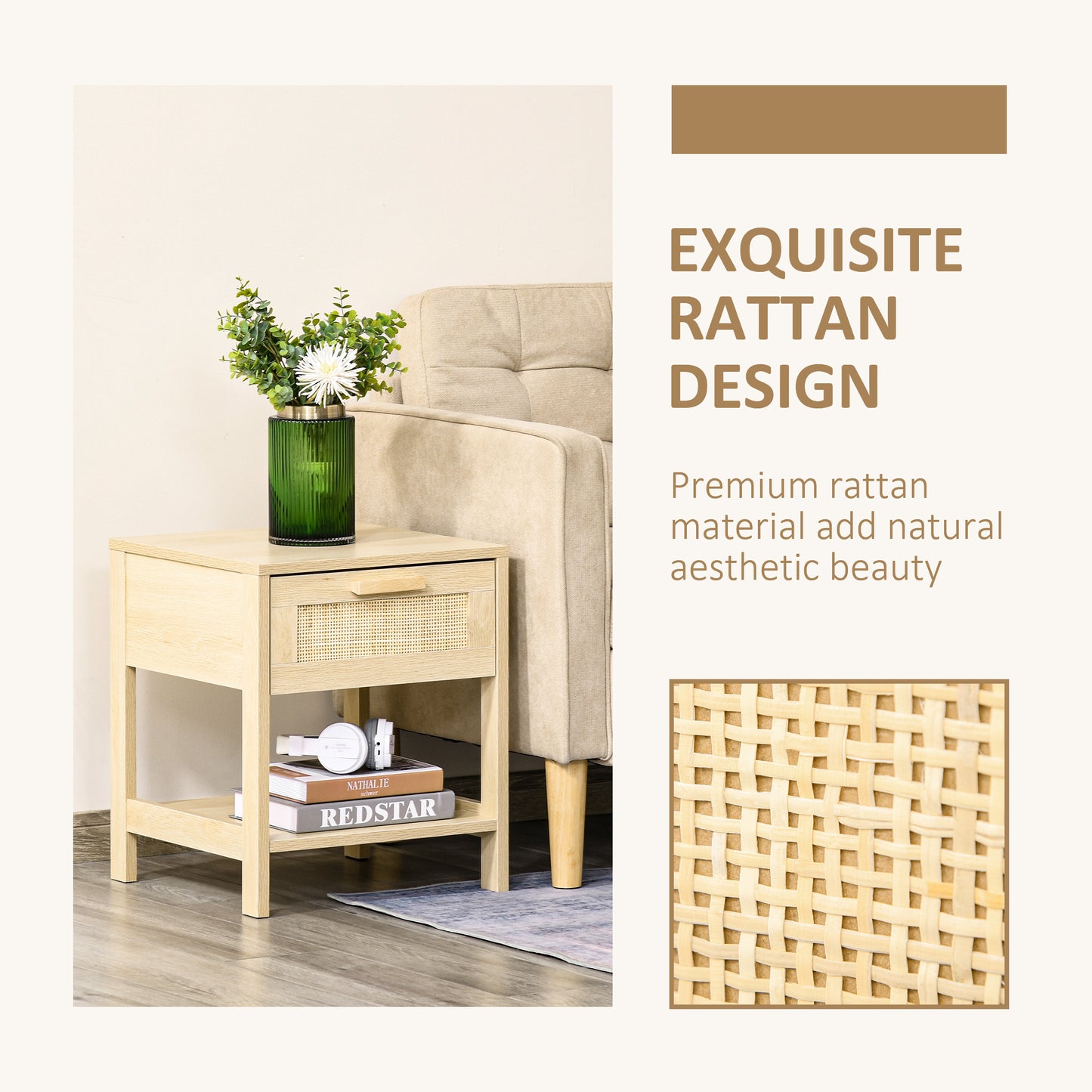 HOMCOM Chest Of Drawers And Nightstands Boho Rattan Furniture Set Natural Wood Finish