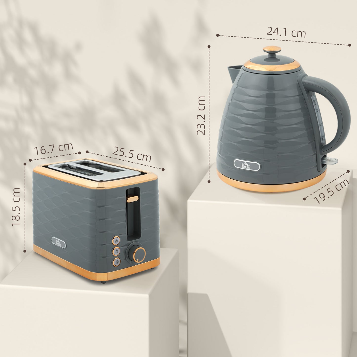 HOMCOM 3000W 1.7L Rapid Boil Kettle And 2 Slice Toaster Set In Grey With 7 Browning Levels And Crumb Tray