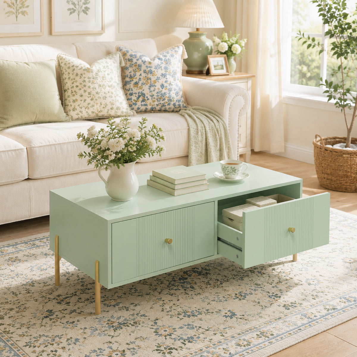 HOMCOM Modern Coffee Table with Storage, 2 Drawers, Light Green Finish
