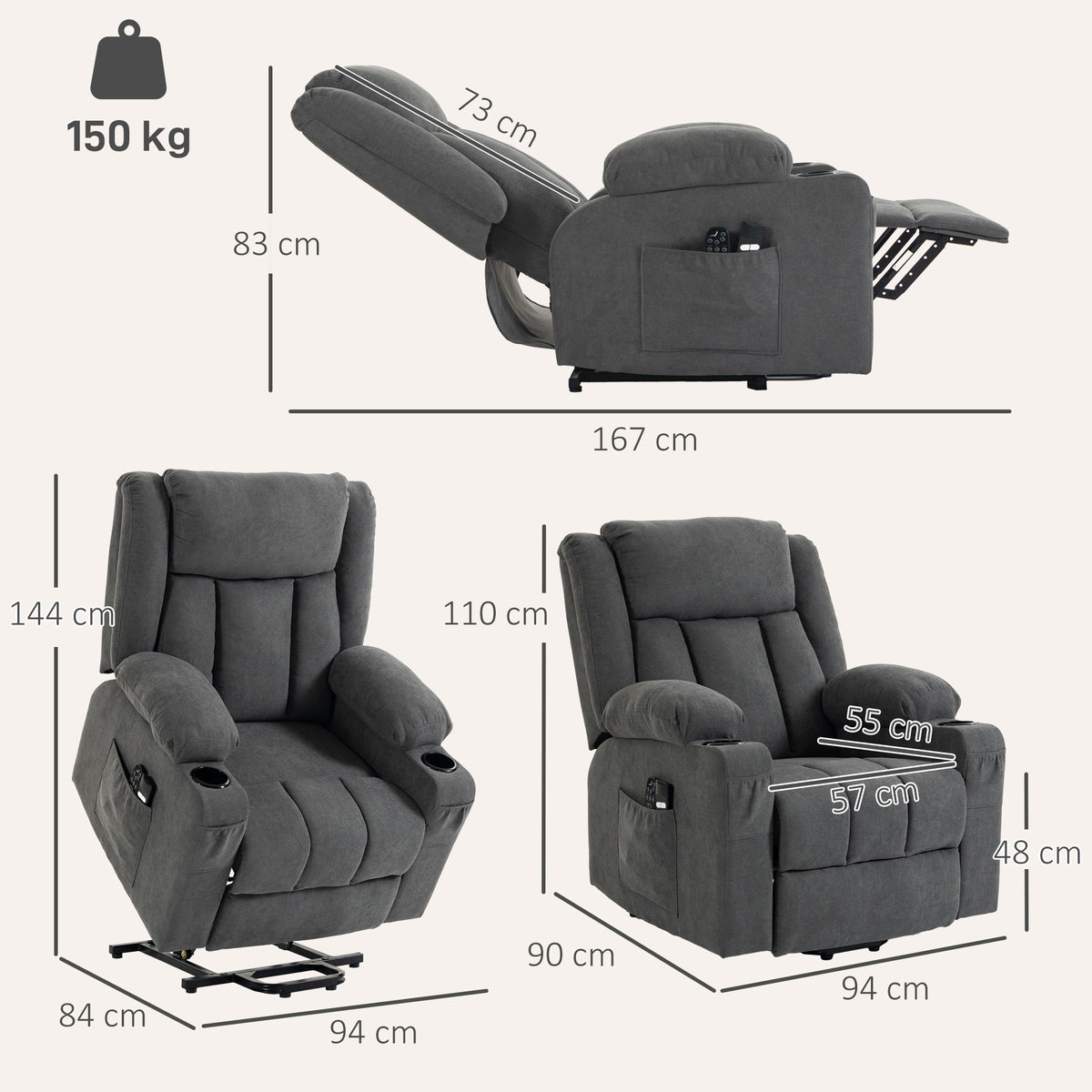 Homcom Dual Motor Electric Lift Recliner Chair With Massage And Heat Dark Grey