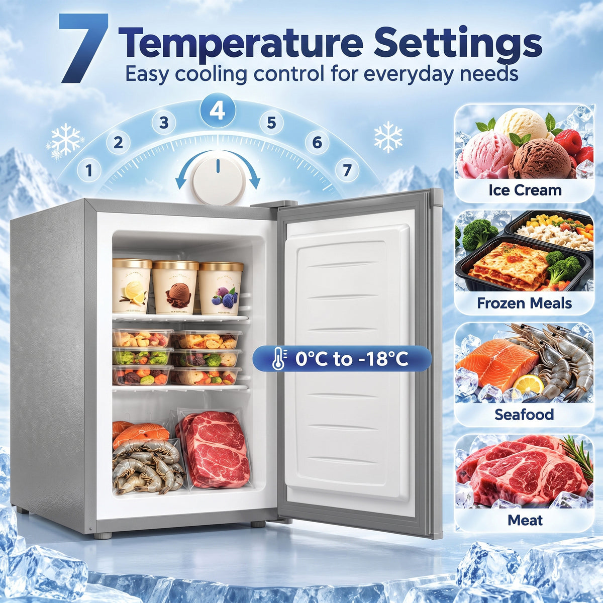 Grey mini freezer open, showing interior shelves and white door panel