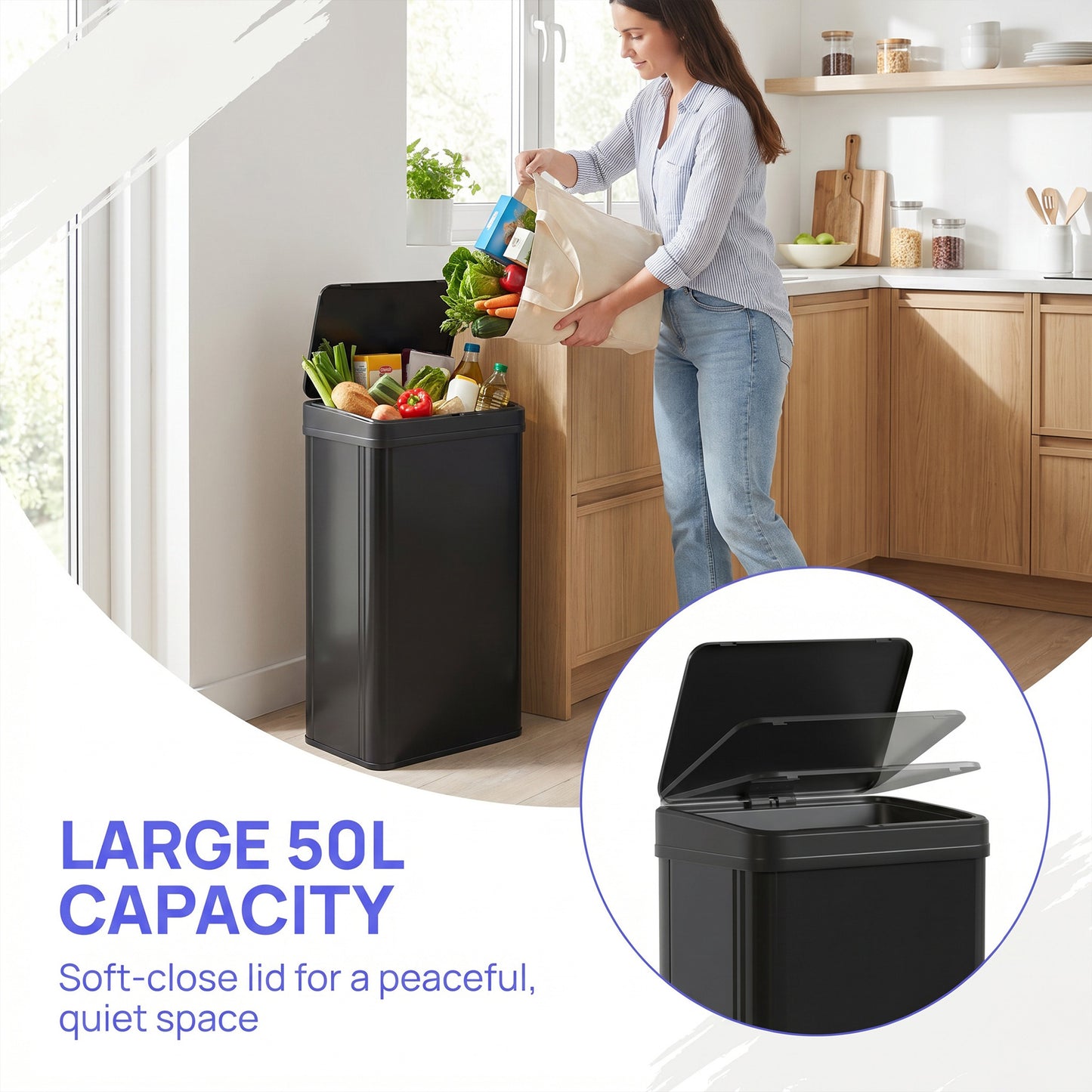 HOMCOM 50L Sensor Bin With Soft Close Lid Black Stainless Steel Touchless Motion Sensor Kitchen Bin