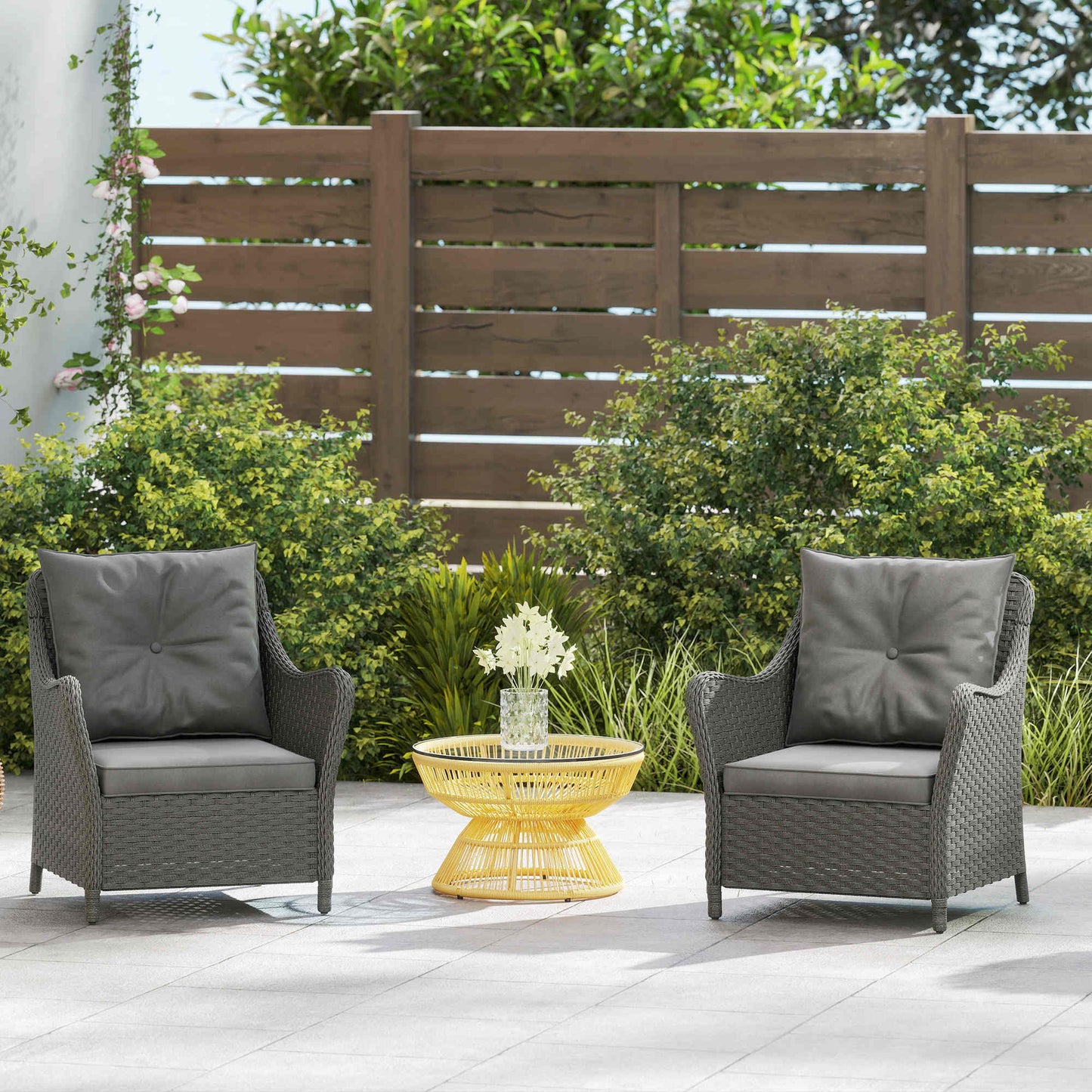 Outsunny Rattan Garden Chairs Set of 2 Cushions High Back PE Wicker Armchairs Steel Frame for Balcony Porch