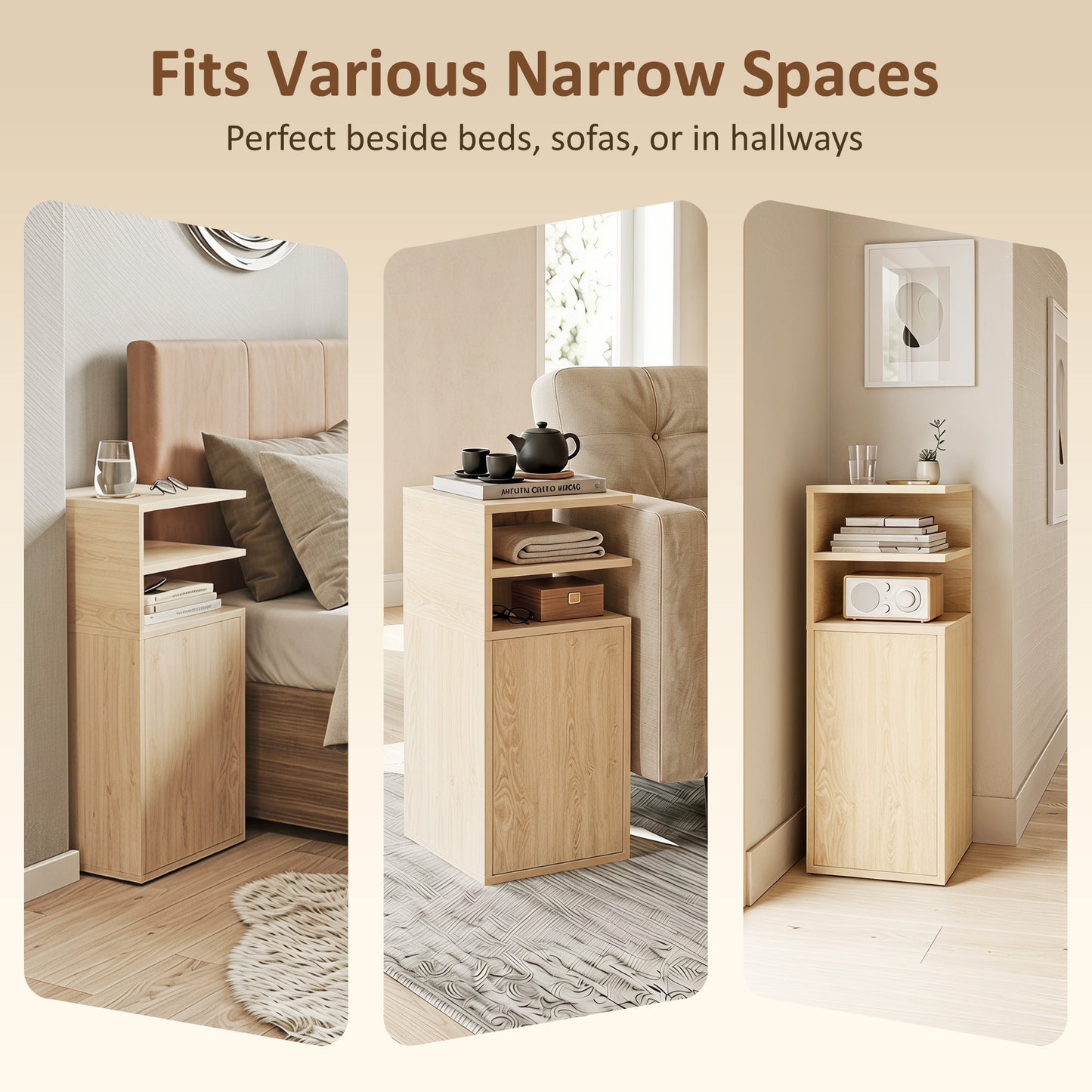 HOMCOM Slim Bedside Table Set Of 2 Narrow Cabinets With Open Cubbies And Cupboard In Oak Finish For Bedroom Living Room