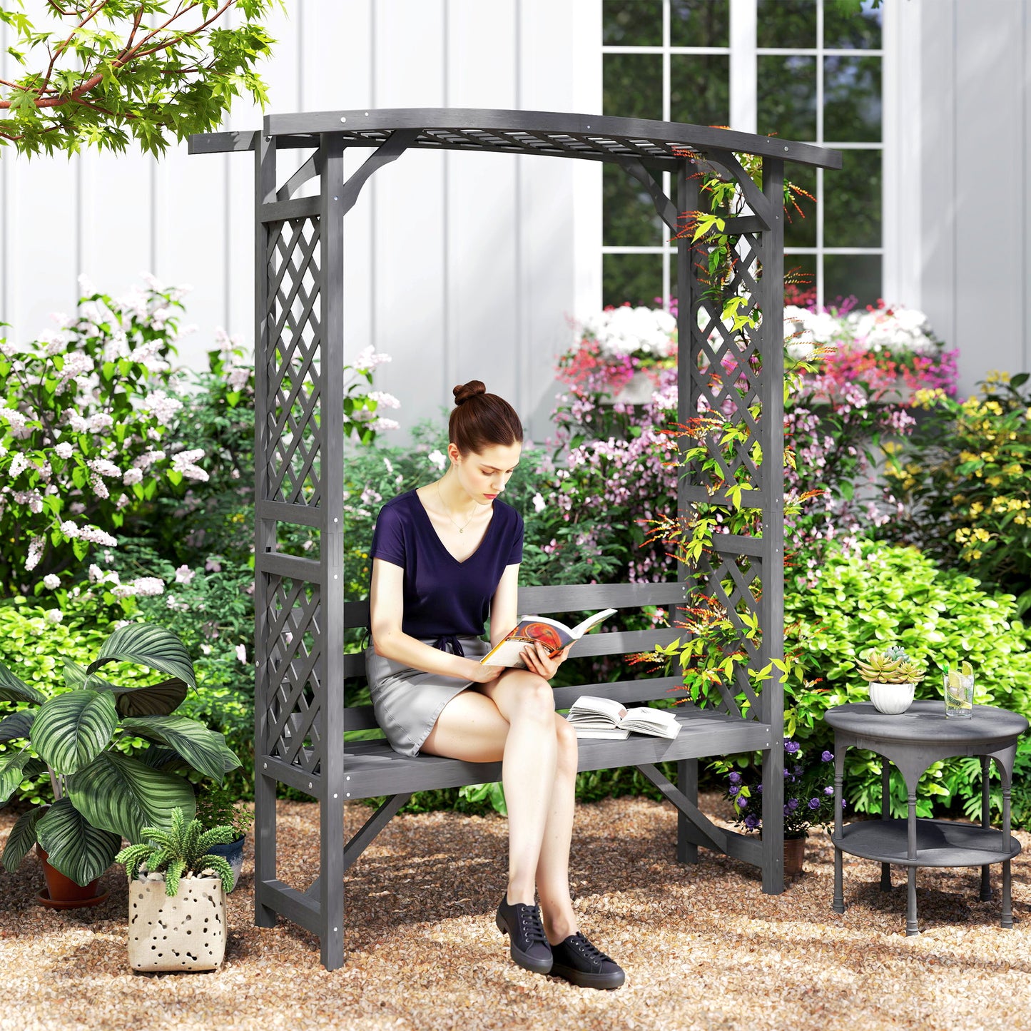 Outsunny Wooden Garden Arbour Bench With Trellis For Climbing Plants And Vines Grey Finish