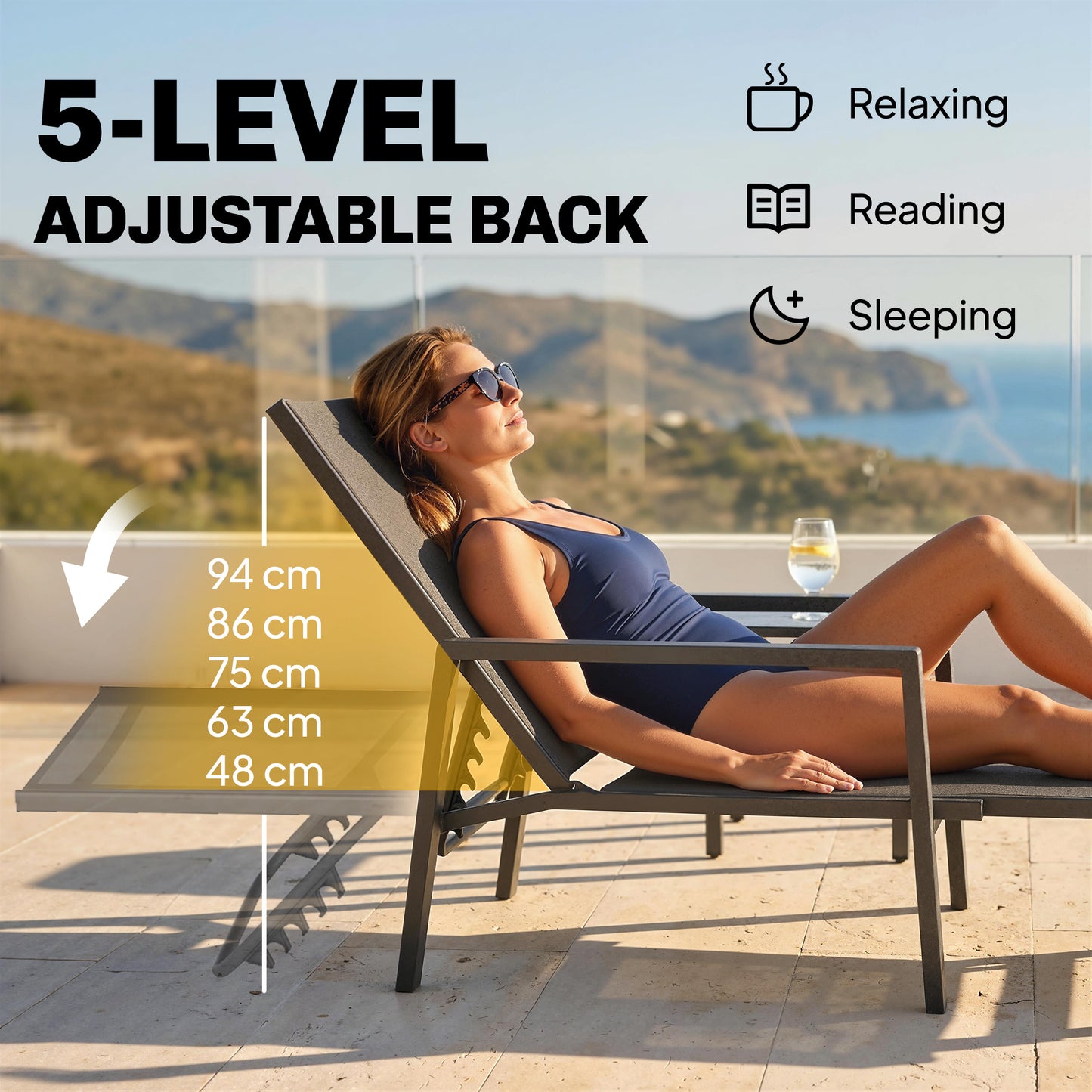 Outsunny Sun Lounger With Retracable Footrest 5 Position Adjustable Steel Frame For Beach Porch Patio Camping Dark Grey