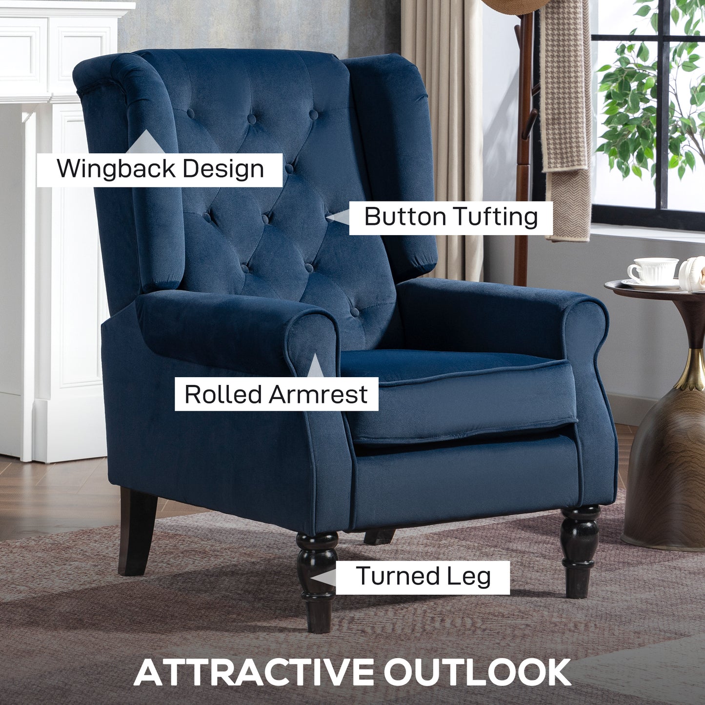 HOMCOM Wingback Accent Chair Retro Upholstered Button Tufted Occasional Chair For Living Room Bedroom Dark Blue