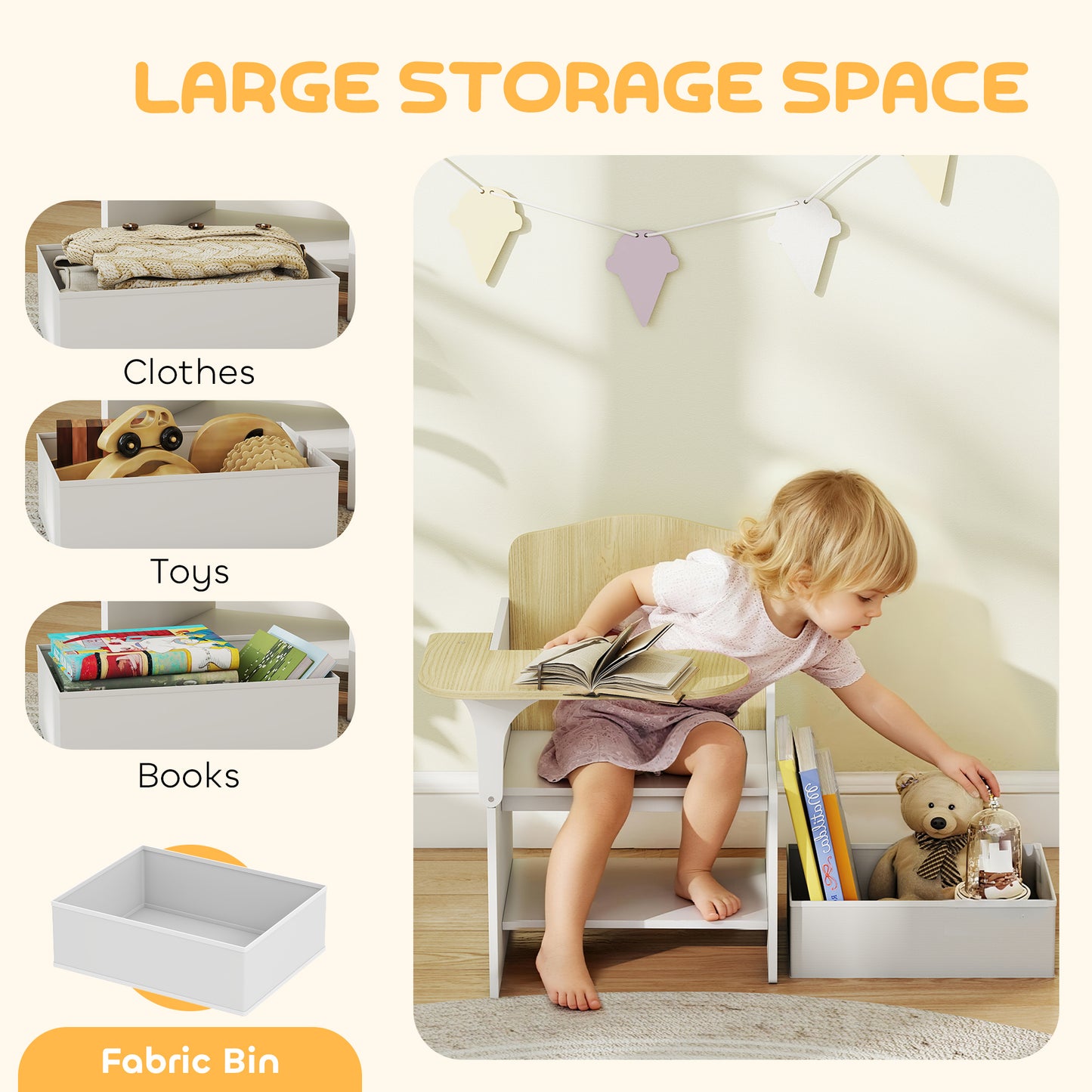 AIYAPLAY Kids Table and Chair Set With Built In Storage Bins For Playtime Reading Painting Ages 3 to 5 White