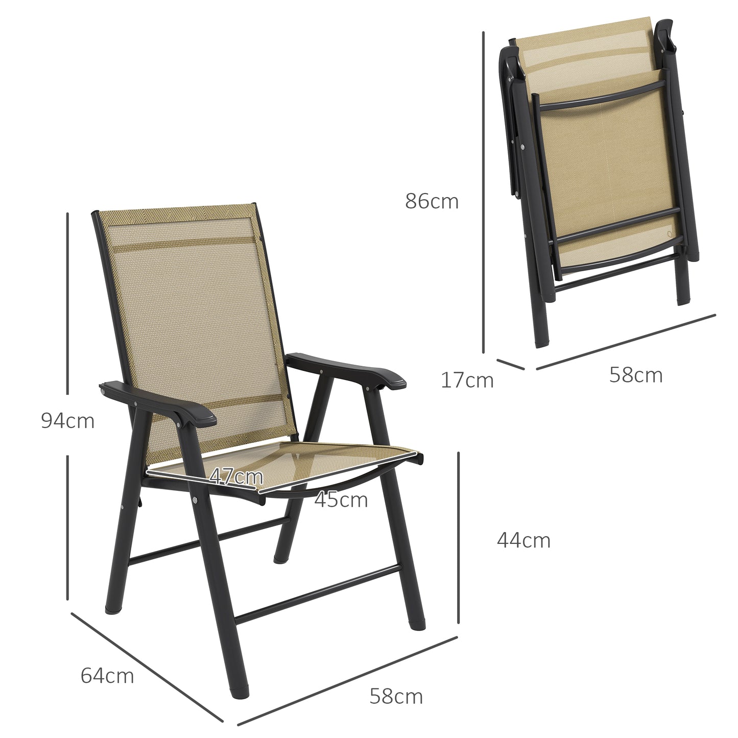 Outsunny Set of Four Folding Garden Chairs Light Brown with Breathable Textilene Panels and Powder Coated Metal Frames