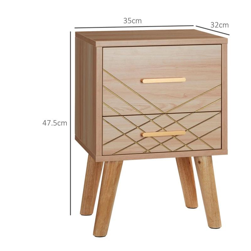 HOMCOM Bedside Cabinet - Scandinavian Bedside Table with Drawers and Wood Legs - Natural Wood Finish - ALL4U RETAILER LTD