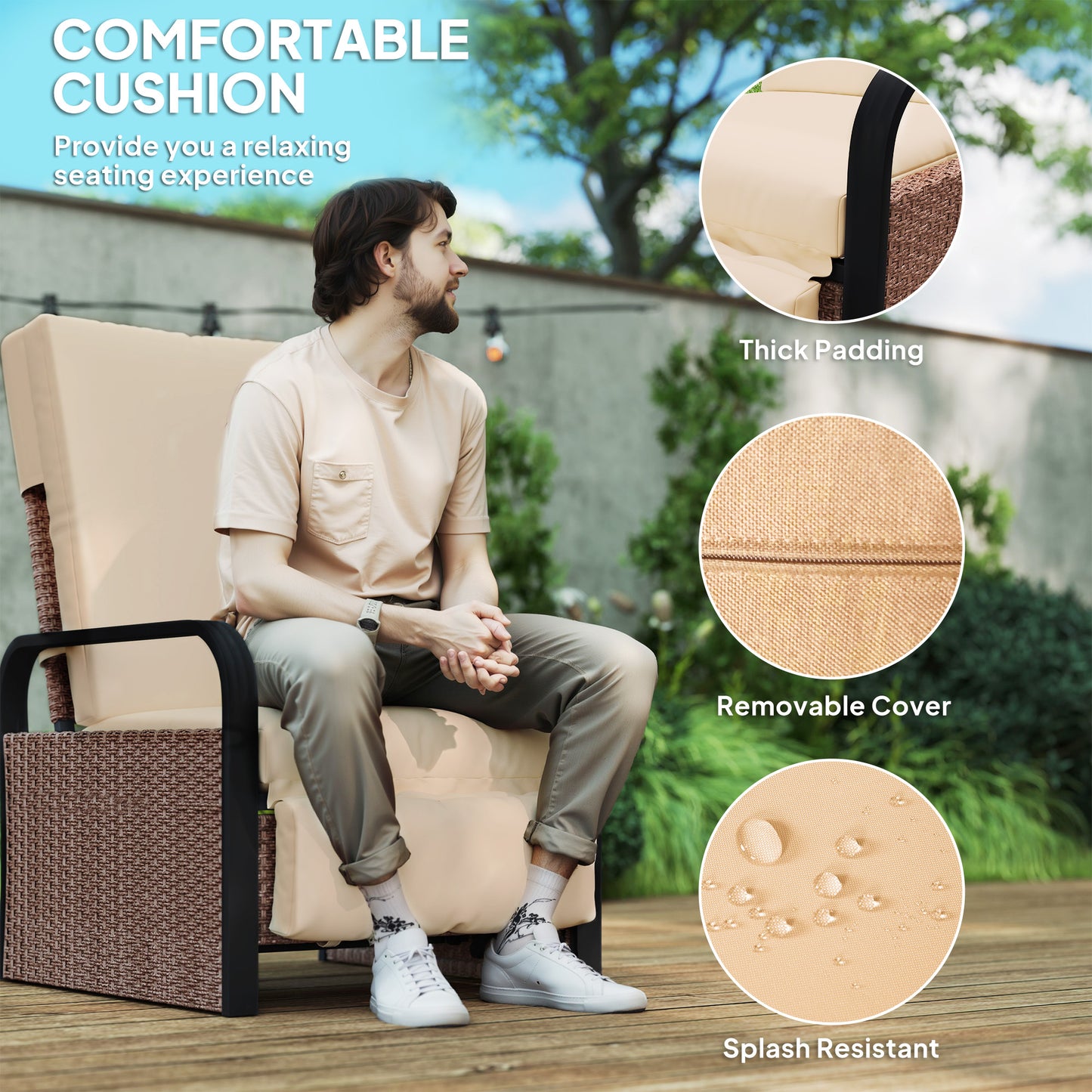 Outsunny 140 Degree Reclining Rattan Armchair With Footrest And Cushioned Seat In Brown Khaki