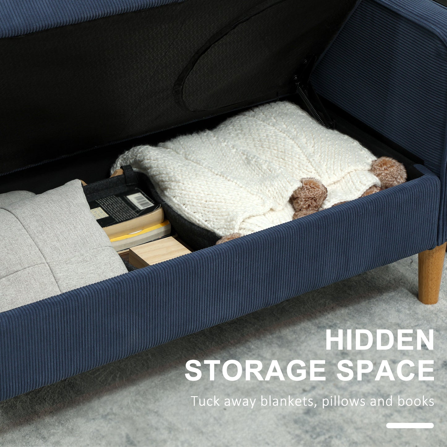 HOMCOM Small Two Seater Corduroy Sofa Blue With Lift Up Storage Compartment For Blankets