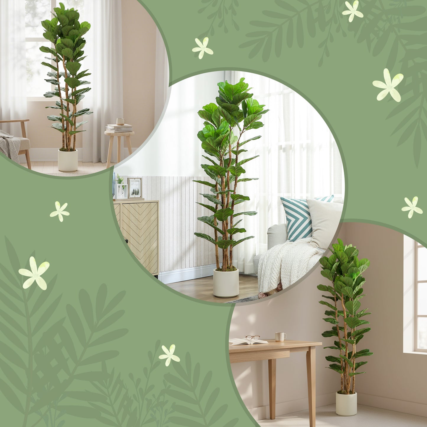 Homcom 180cm Artificial Fiddle Leaf Fig Tree Green Realistic Leaves Maintenance Free Home Decor
